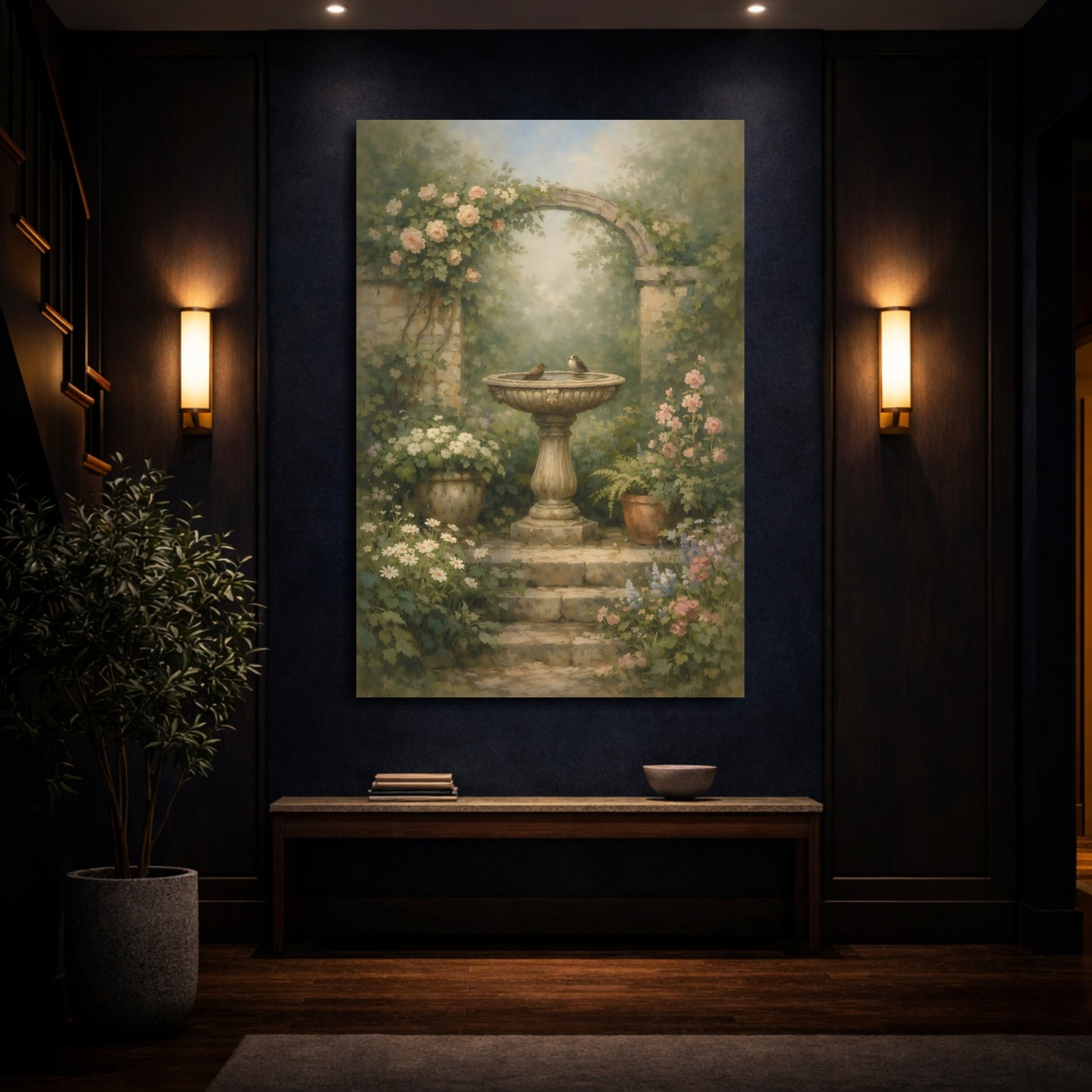 Mockup 3. Nature Bird Bath Rustic Garden shown as stretched canvas wall art