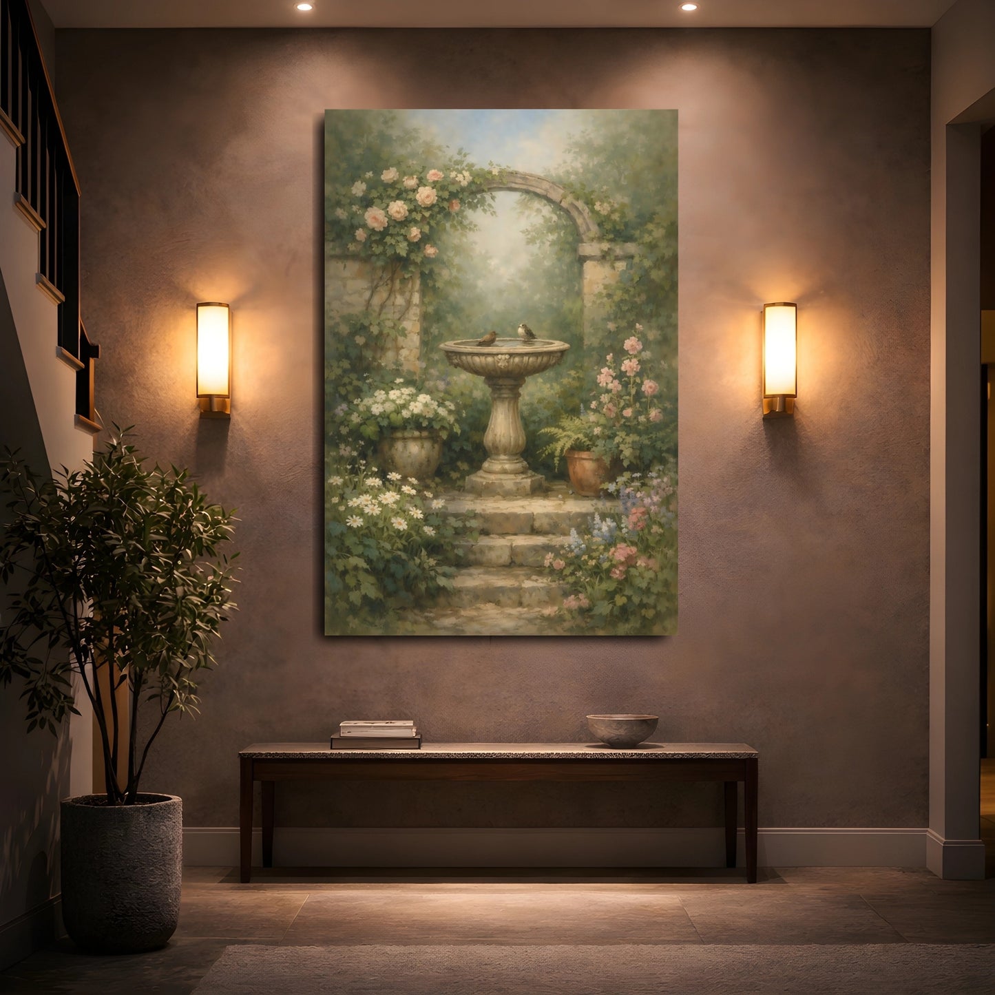 Mockup 4. Nature Bird Bath Rustic Garden shown as stretched canvas wall art