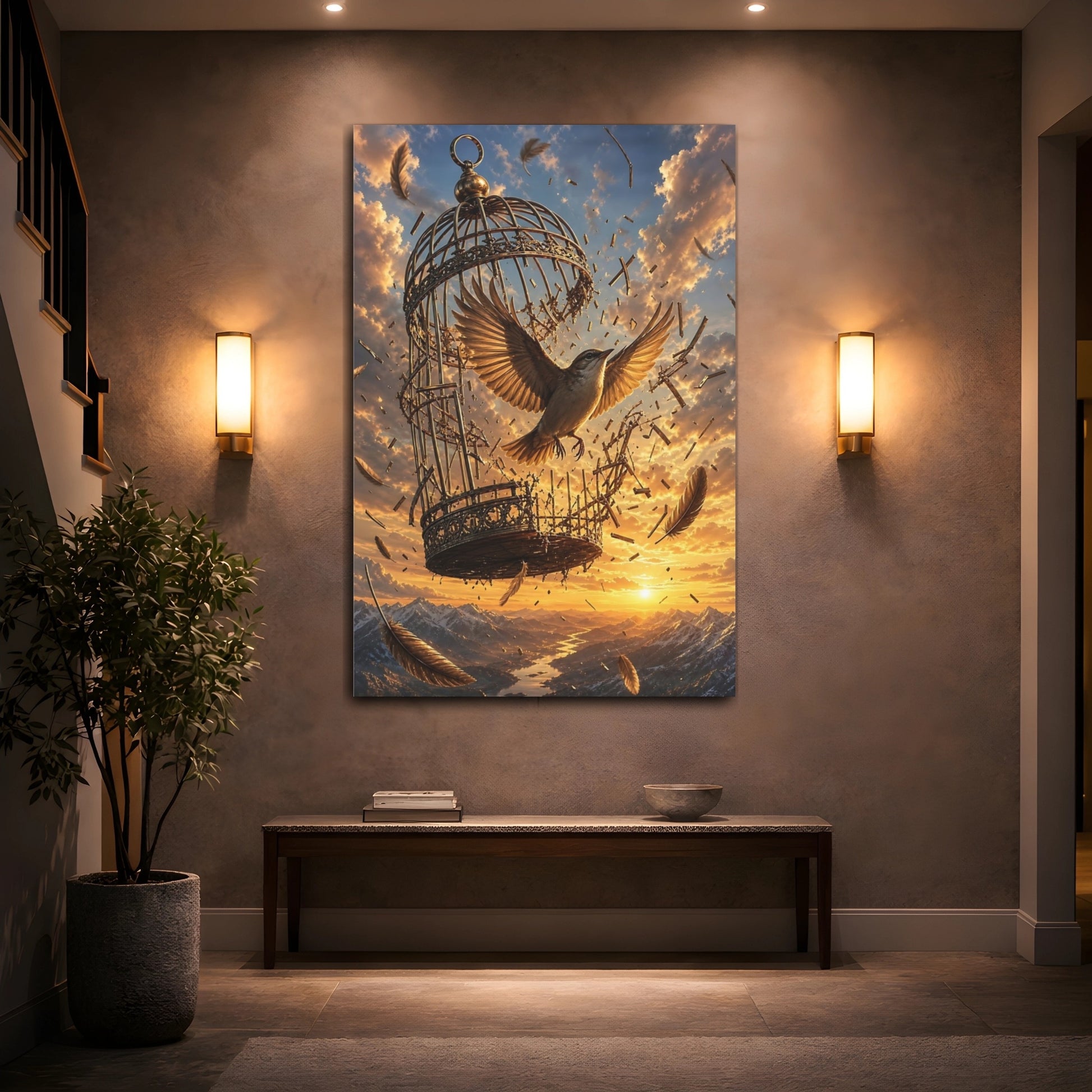 Mockup 2. Nature Bird Bird Freedom Gold shown as stretched canvas wall art