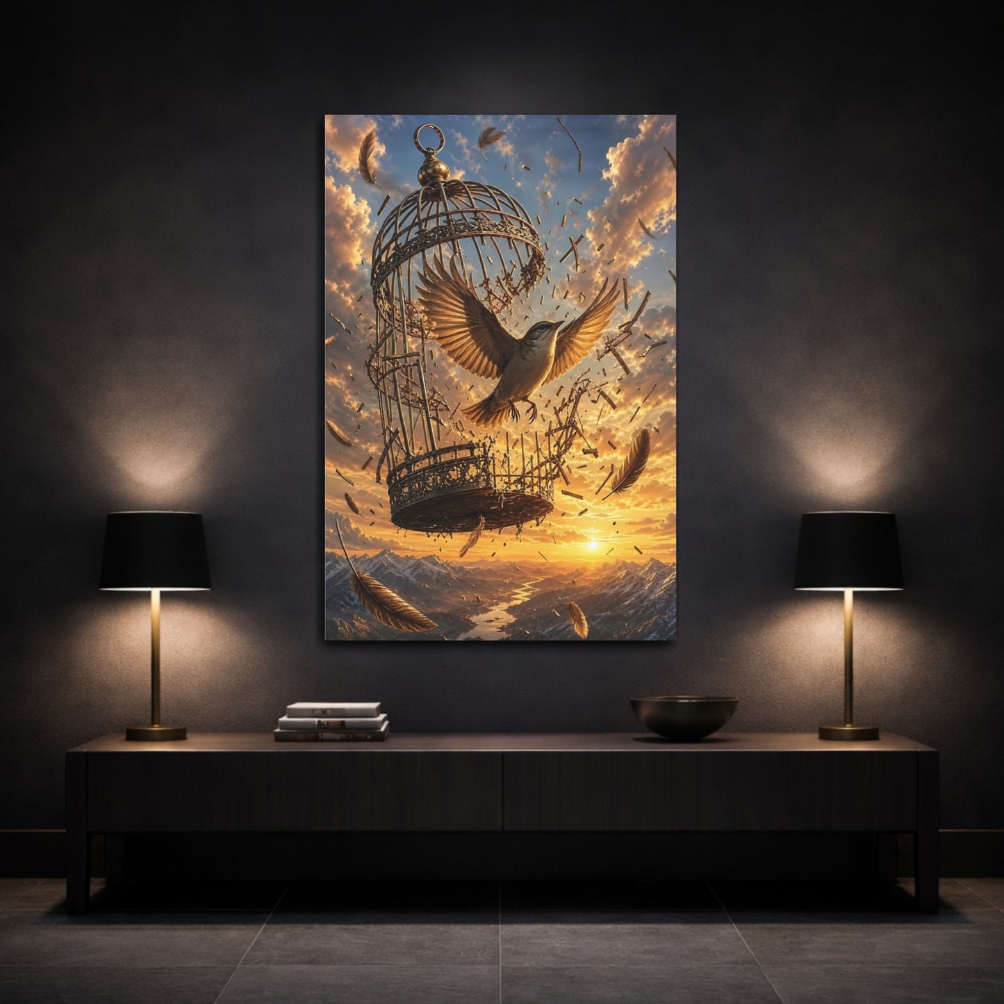 Mockup 3. Nature Bird Bird Freedom Gold shown as stretched canvas wall art
