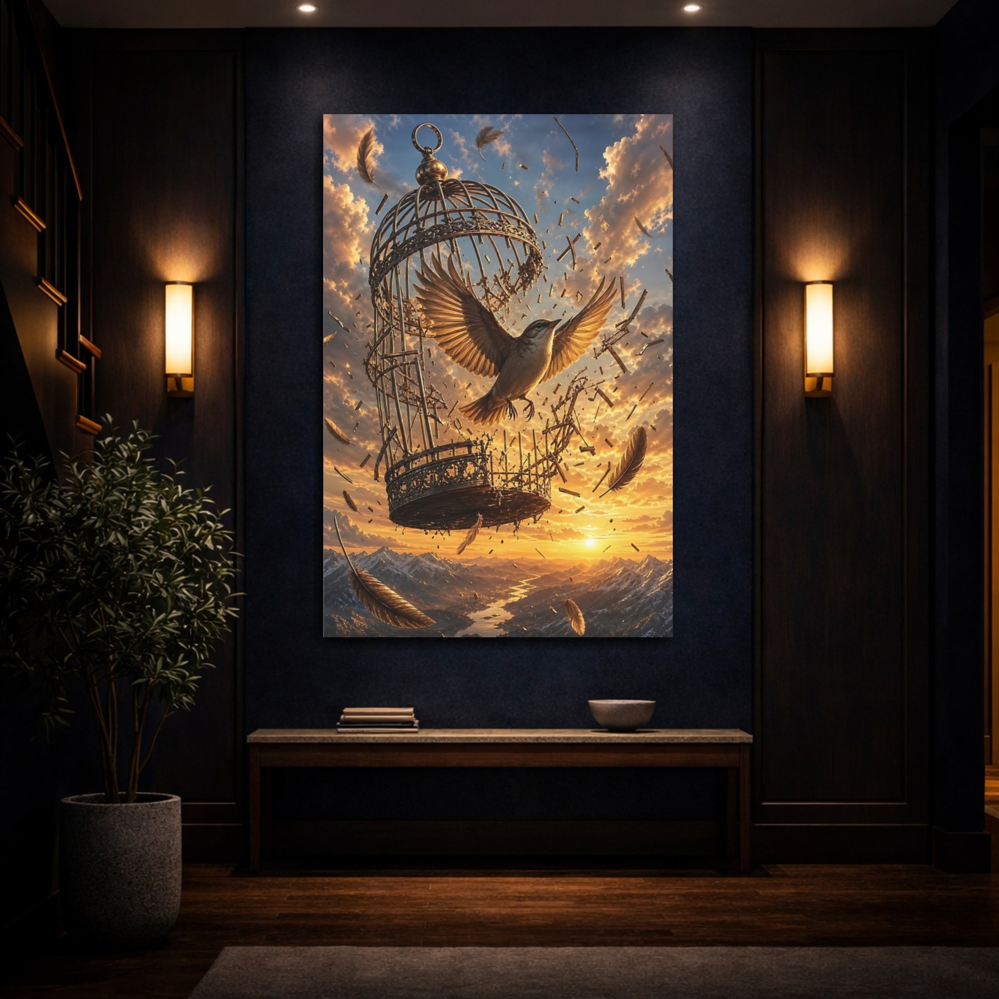 Mockup 4. Nature Bird Bird Freedom Gold shown as stretched canvas wall art
