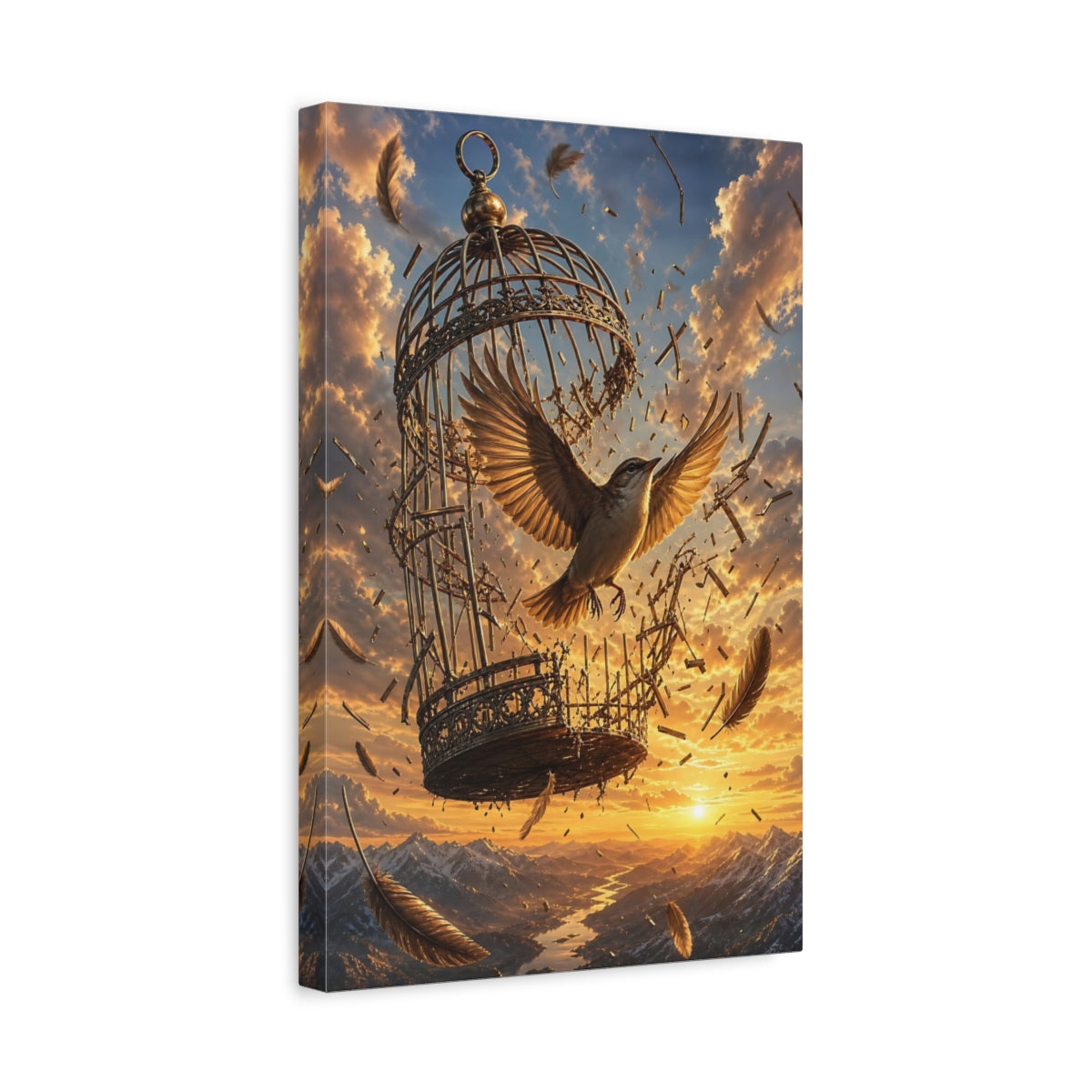 Side Mockup 4. Nature Bird Bird Freedom Gold shown as stretched canvas wall art