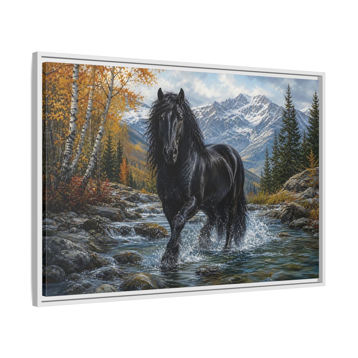 Side Mockup 9. Nature Black Horse Black Horse Autumn shown as stretched canvas wall art