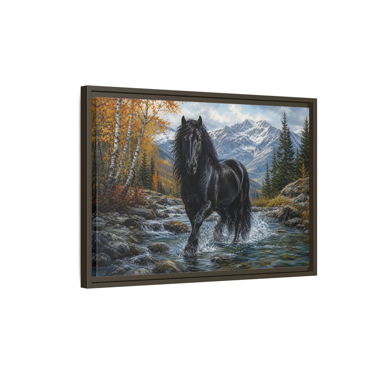 Side Mockup 2. Nature Black Horse Black Horse Autumn shown as stretched canvas wall art