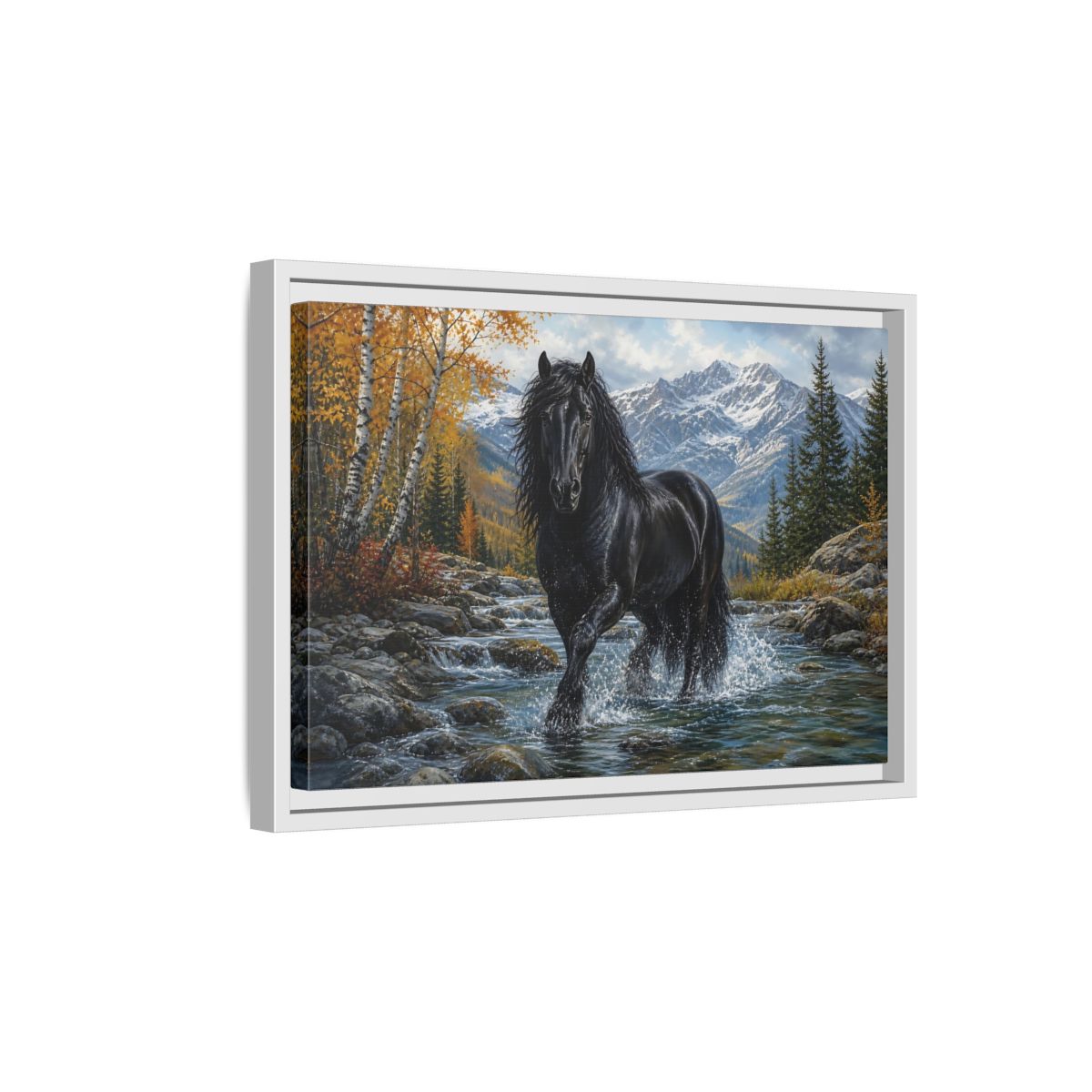 Side Mockup 4. Nature Black Horse Black Horse Autumn shown as stretched canvas wall art