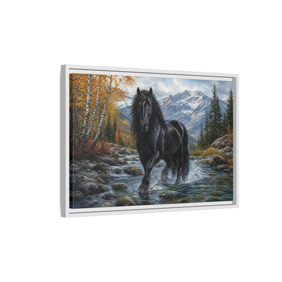 Side Mockup 1. Nature Black Horse Black Horse Autumn shown as stretched canvas wall art