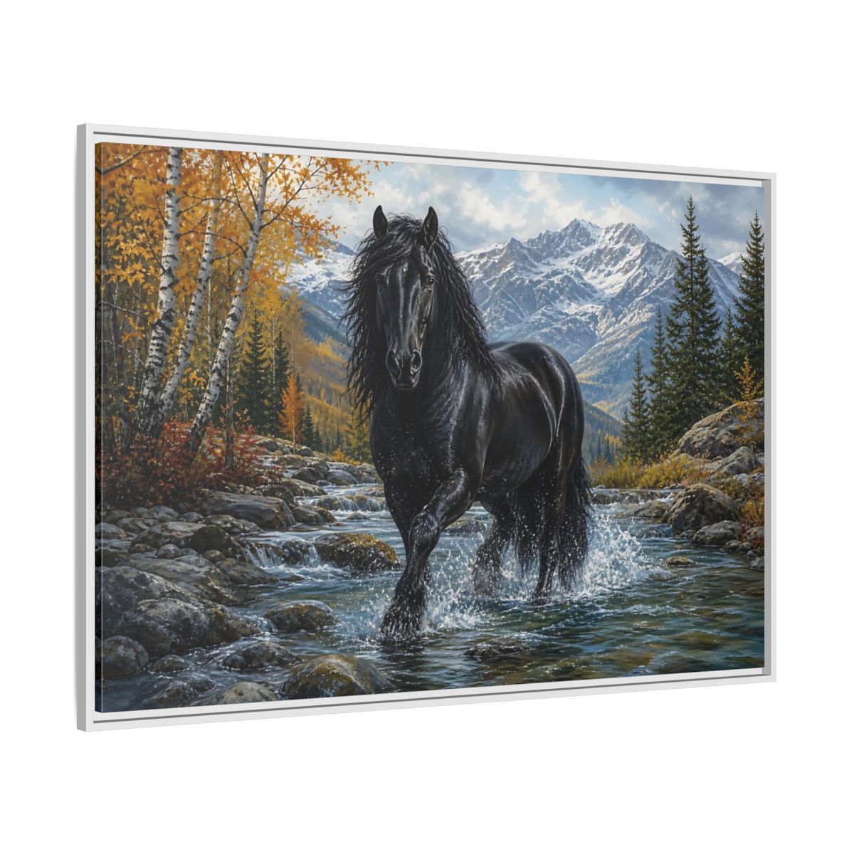 Side Mockup 7. Nature Black Horse Black Horse Autumn shown as stretched canvas wall art