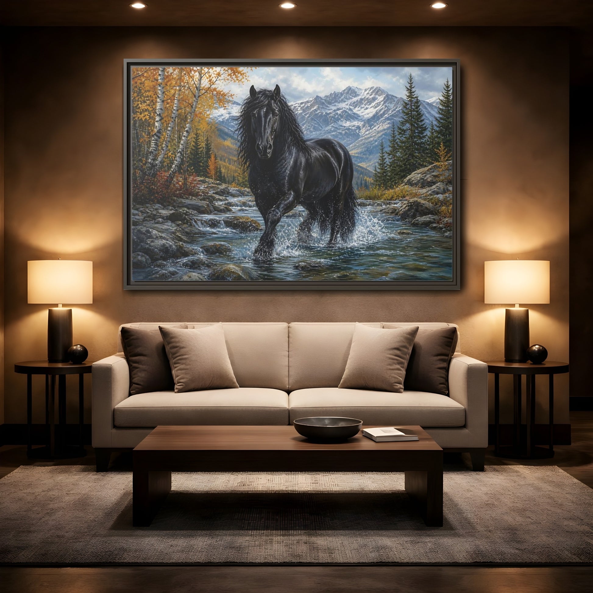 Mockup 2. Nature Black Horse Black Horse Autumn shown as stretched canvas wall art