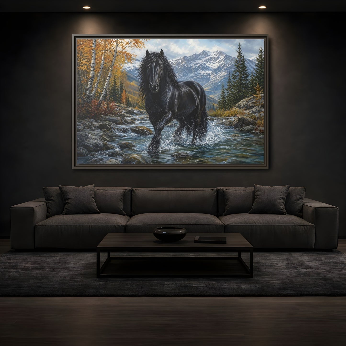 Mockup 3. Nature Black Horse Black Horse Autumn shown as stretched canvas wall art