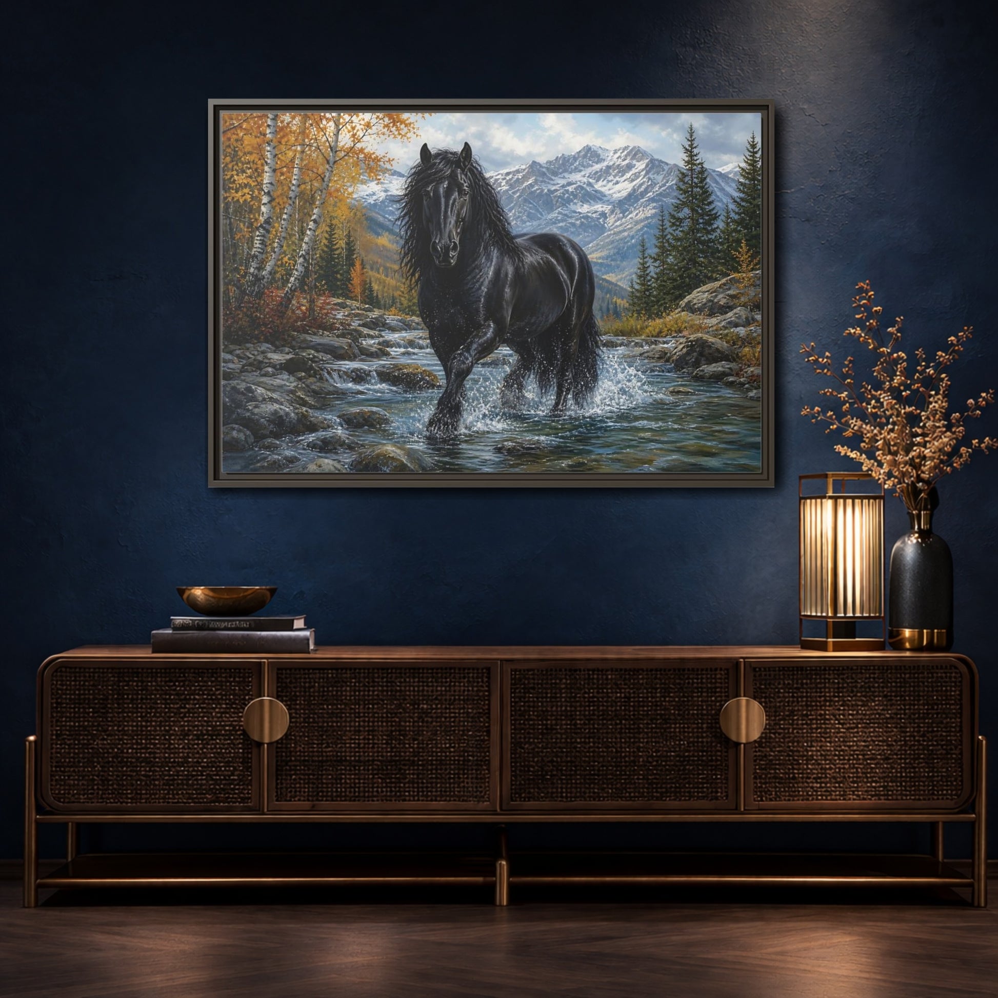 Mockup 4. Nature Black Horse Black Horse Autumn shown as stretched canvas wall art