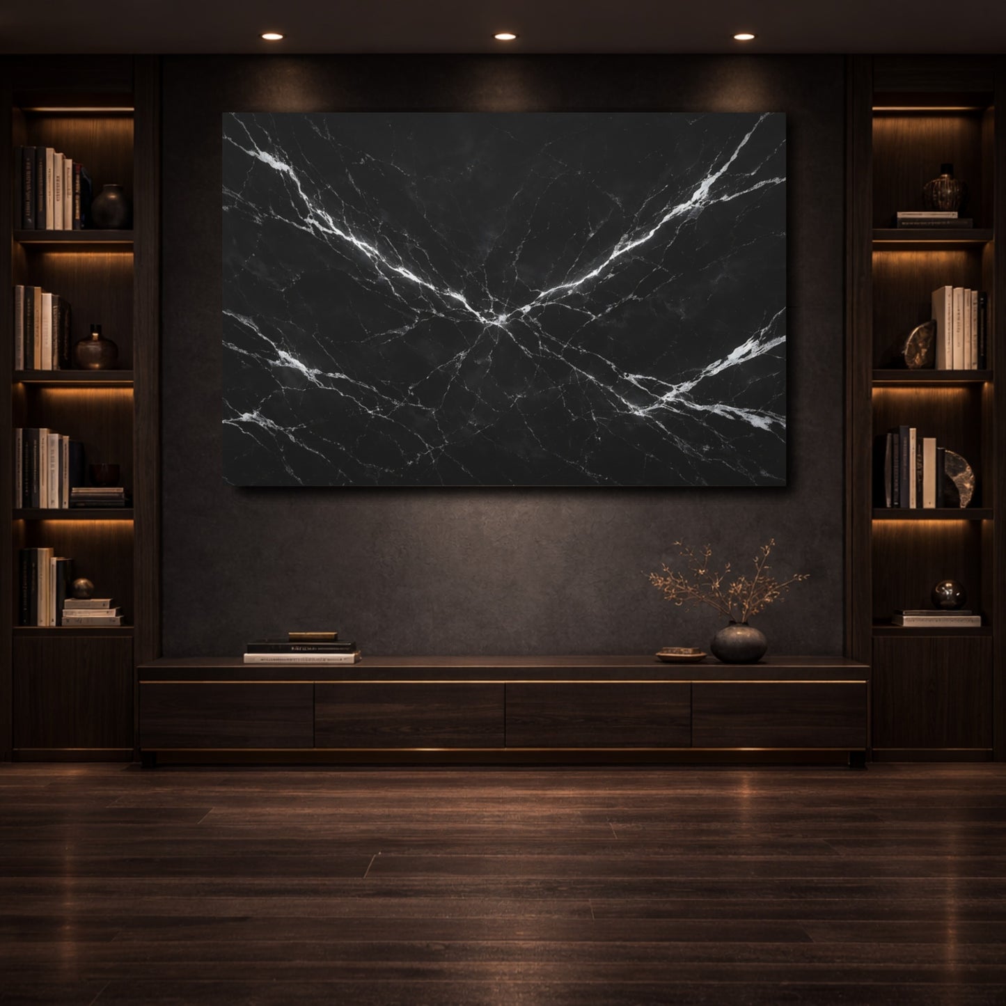 Mockup 3. Nature Black Marble Black And White Marble shown as stretched canvas wall art