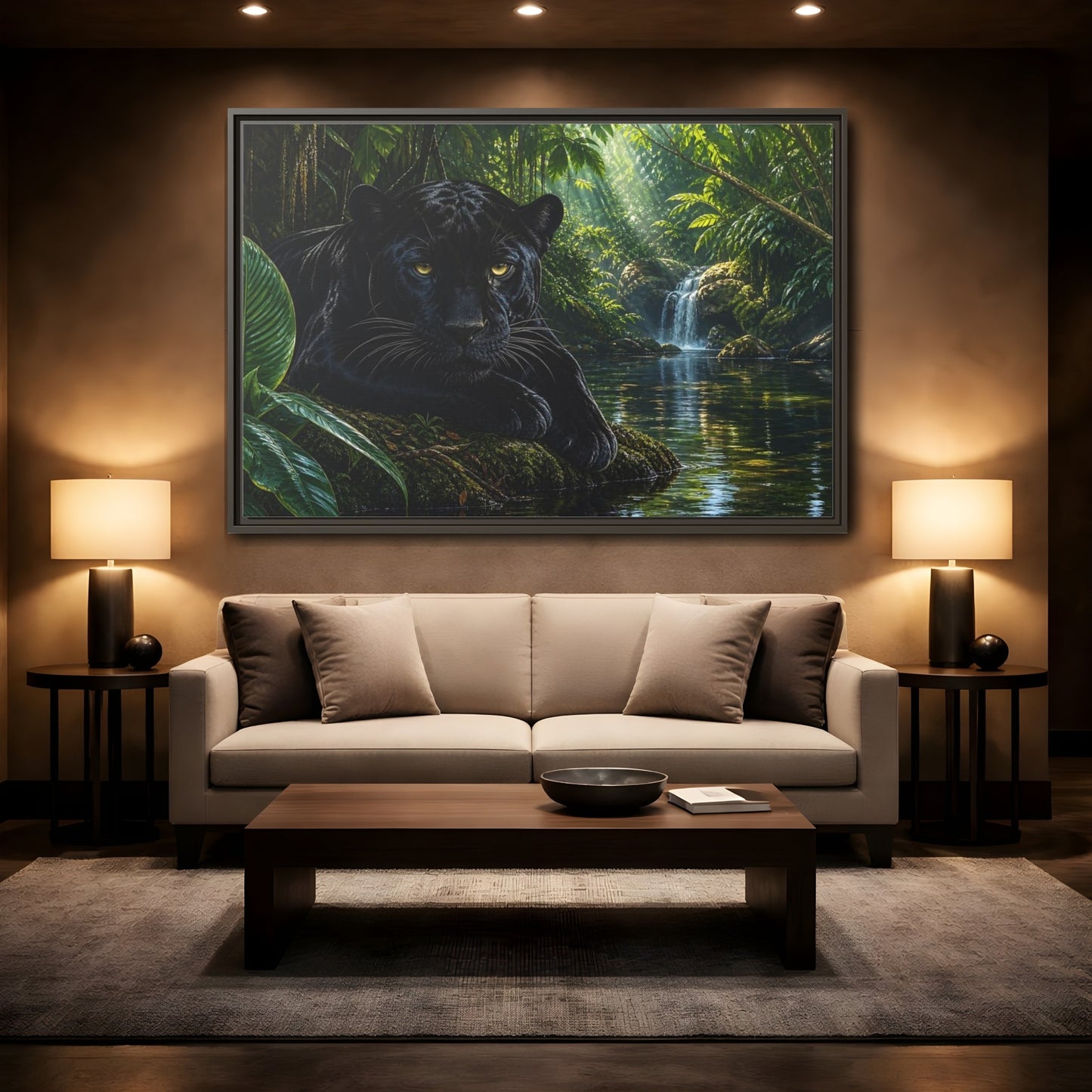 Mockup 2. Nature Black Panther Black Panther Jungle shown as stretched canvas wall art