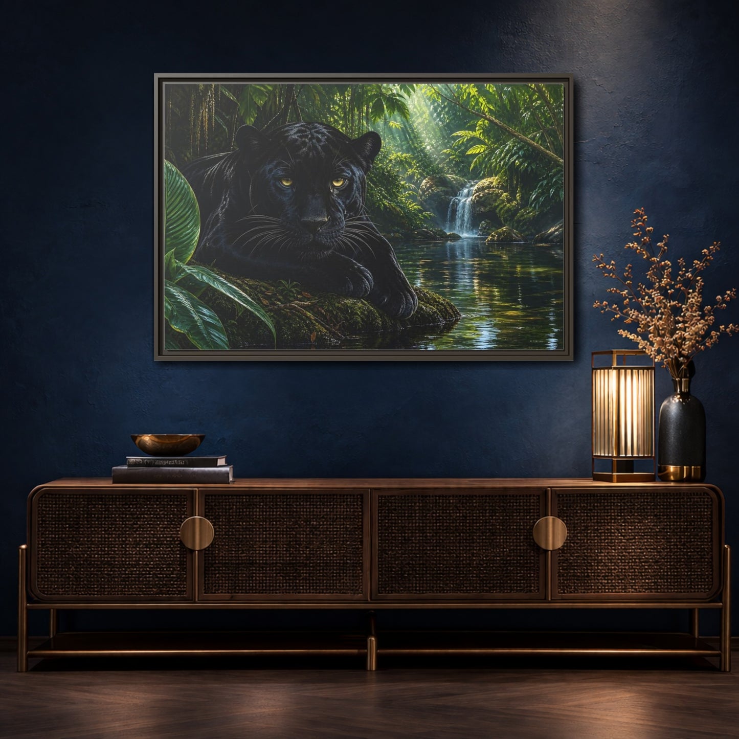 Mockup 4. Nature Black Panther Black Panther Jungle shown as stretched canvas wall art