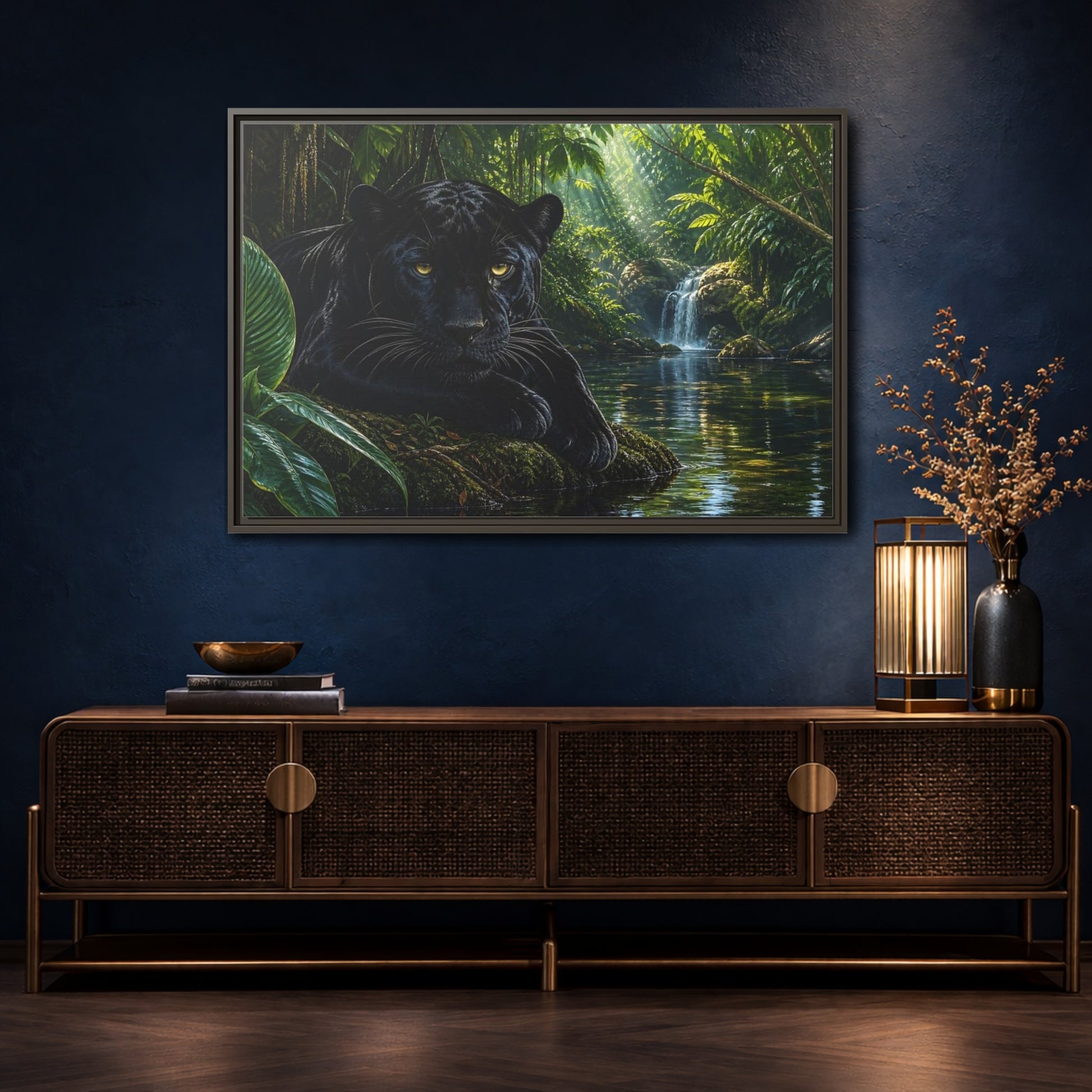 Mockup 4. Nature Black Panther Black Panther Jungle shown as stretched canvas wall art