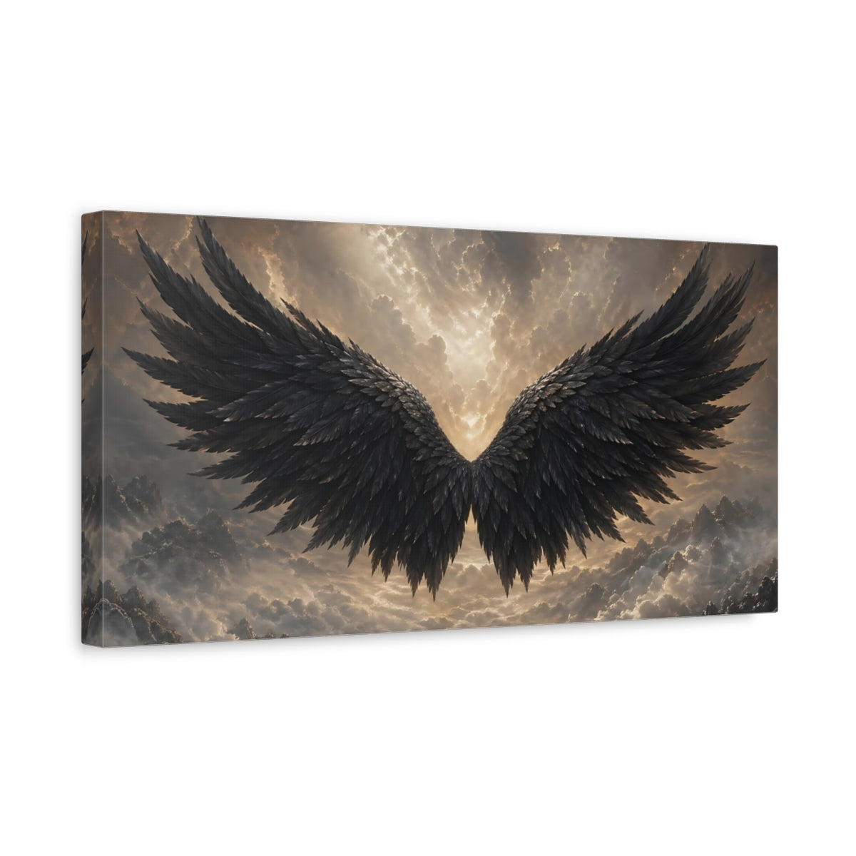 Side Mockup 3. Nature Black Wings Black And Gold shown as stretched canvas wall art