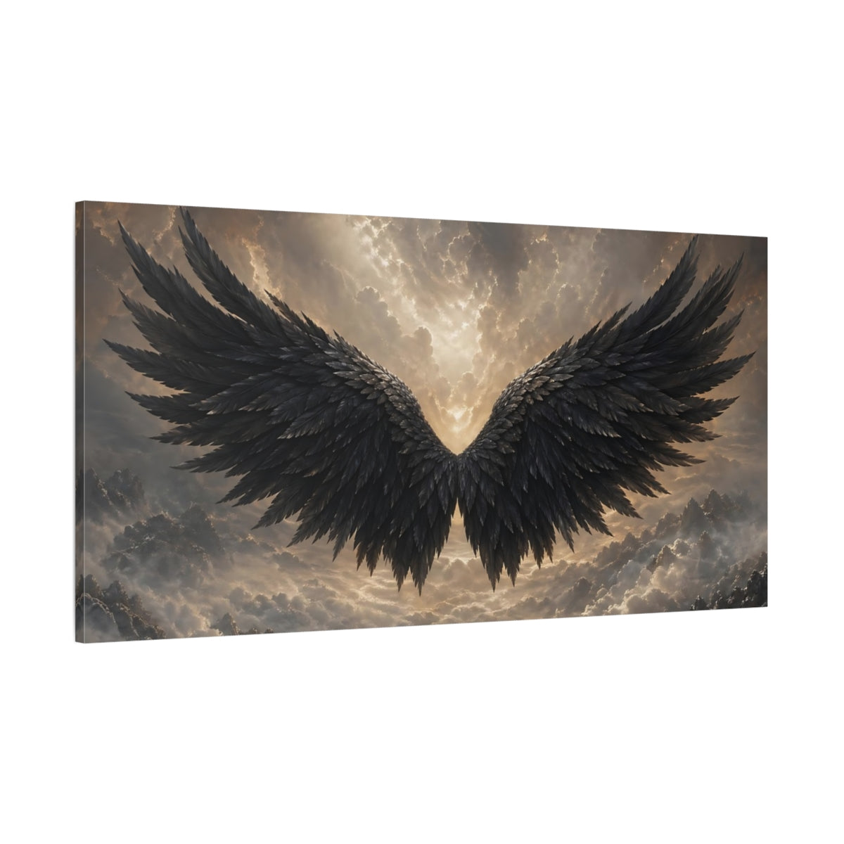 Side Mockup 2. Nature Black Wings Black And Gold shown as stretched canvas wall art