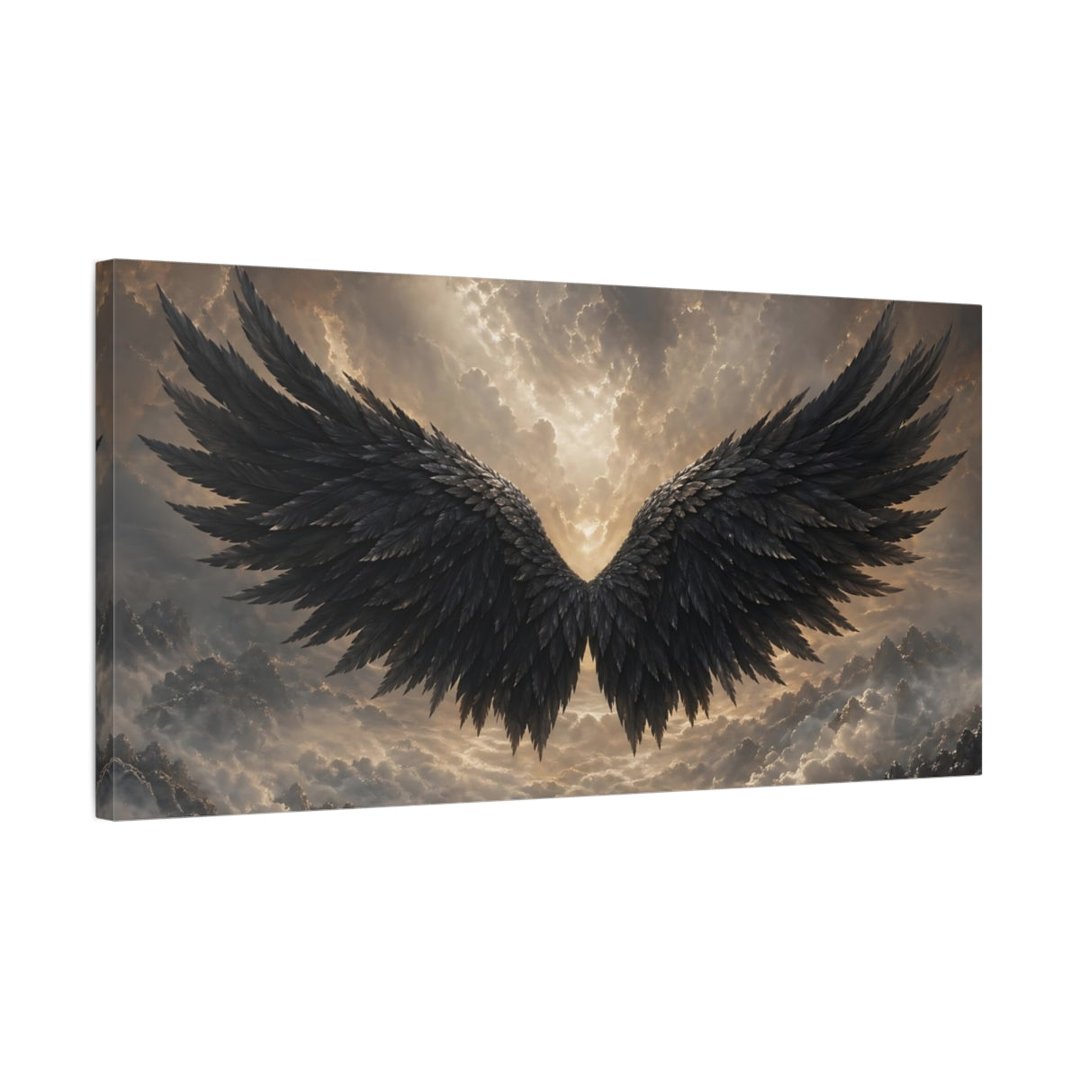 Side Mockup 1. Nature Black Wings Black And Gold shown as stretched canvas wall art