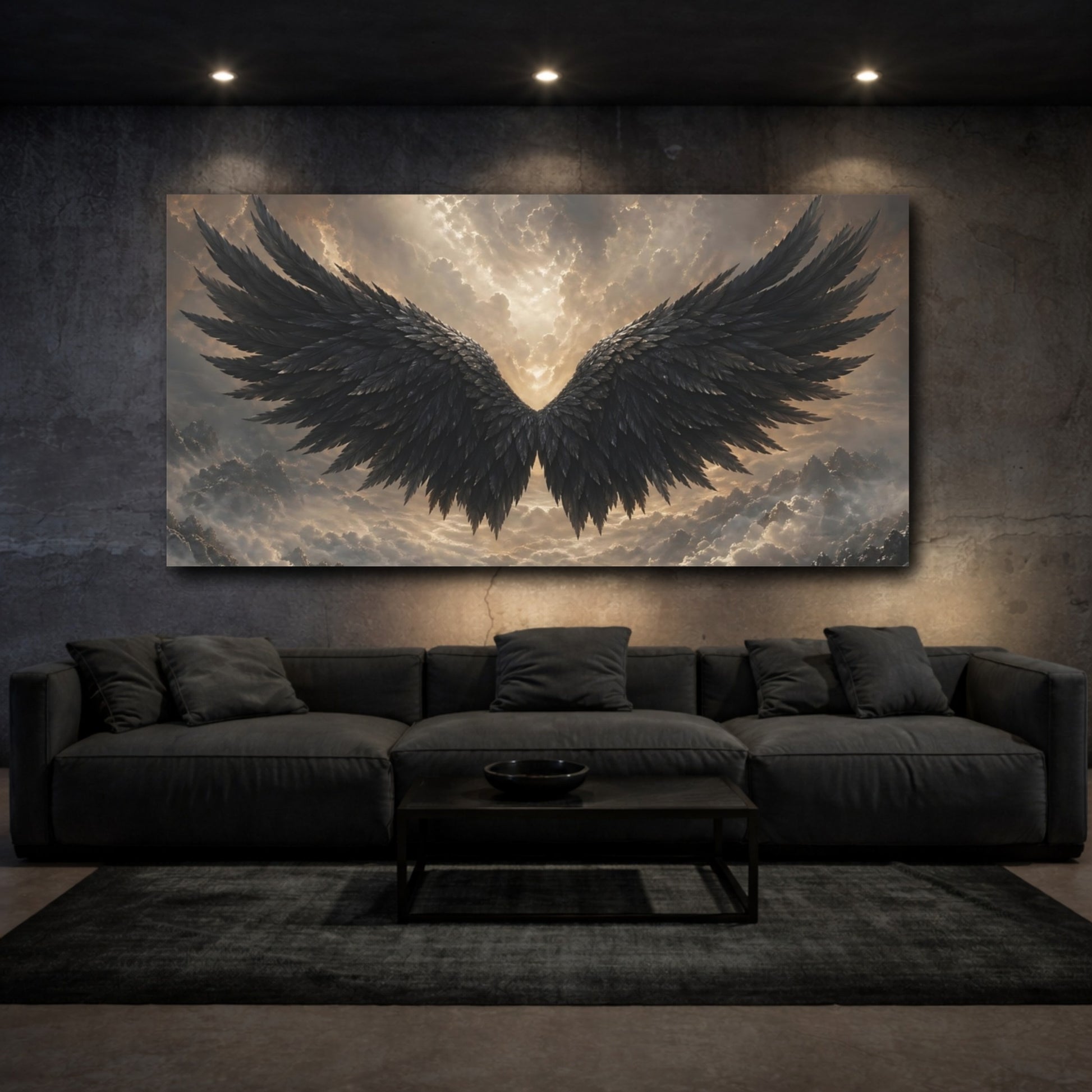 Mockup 2. Nature Black Wings Black And Gold shown as stretched canvas wall art