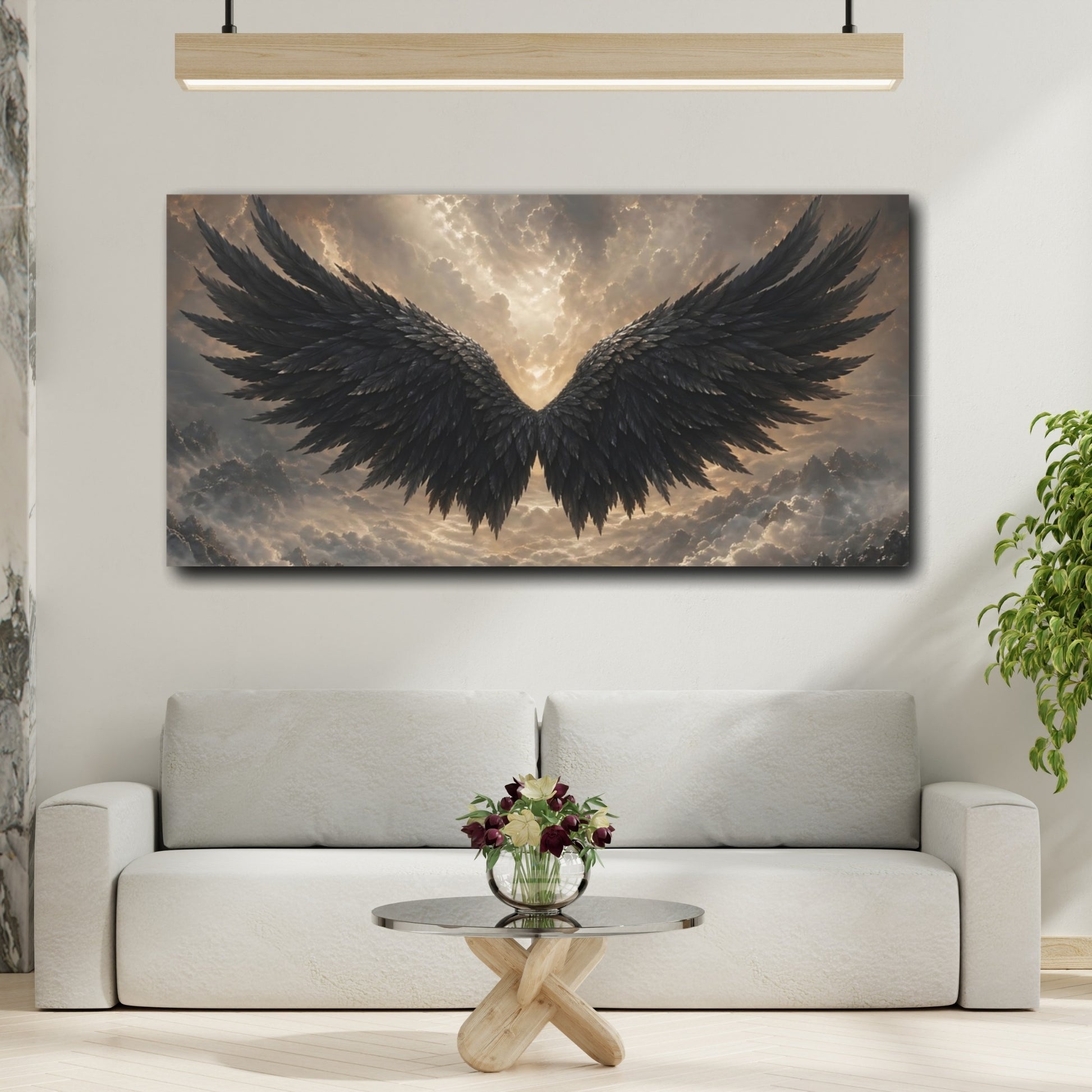 Mockup 3. Nature Black Wings Black And Gold shown as stretched canvas wall art