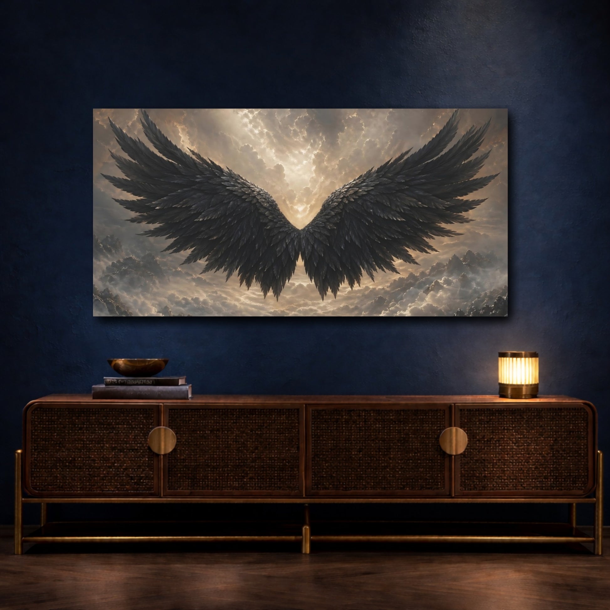 Mockup 4. Nature Black Wings Black And Gold shown as stretched canvas wall art
