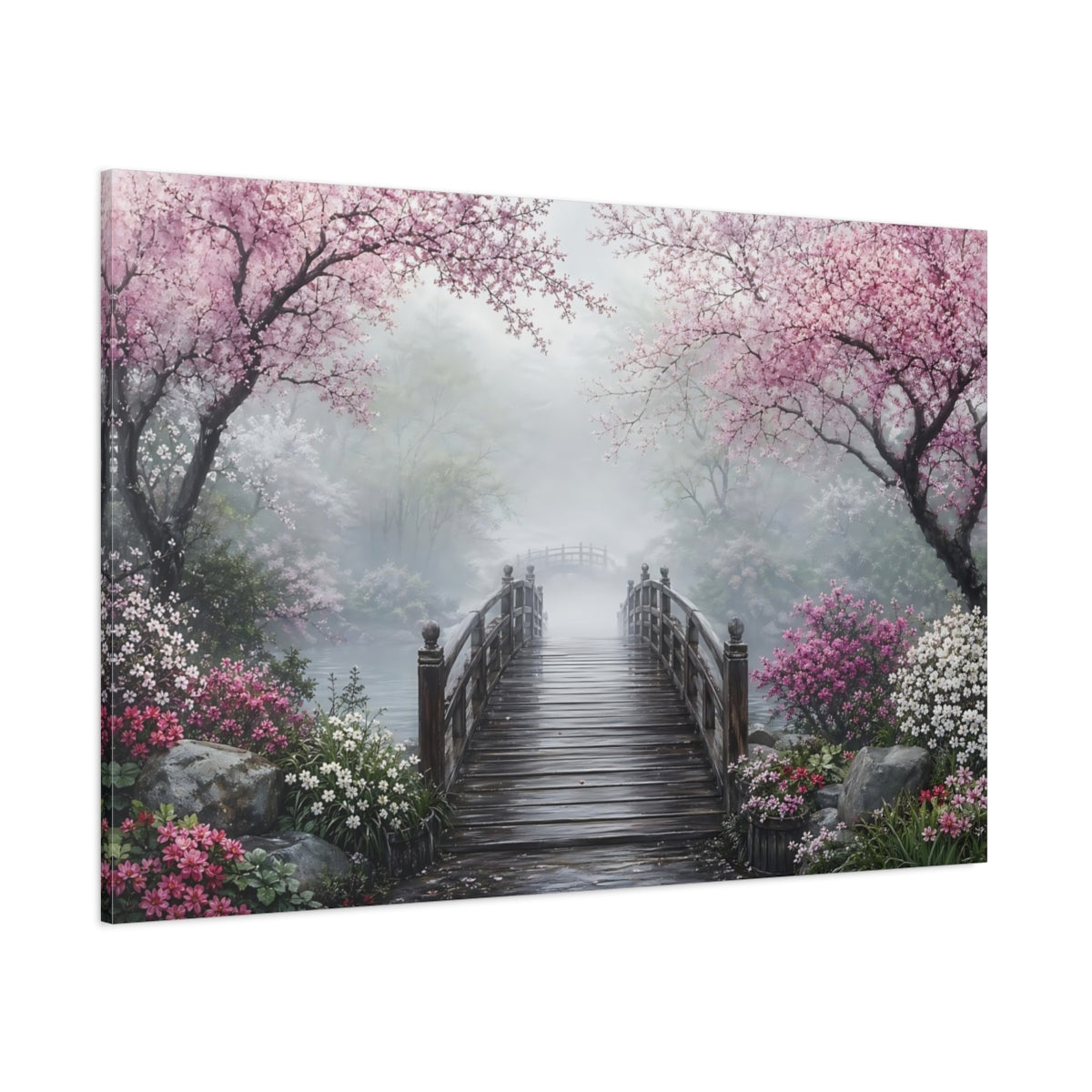 Side Mockup 1. Nature Blossom Bridge Pink And Green Landscape shown as stretched canvas wall art