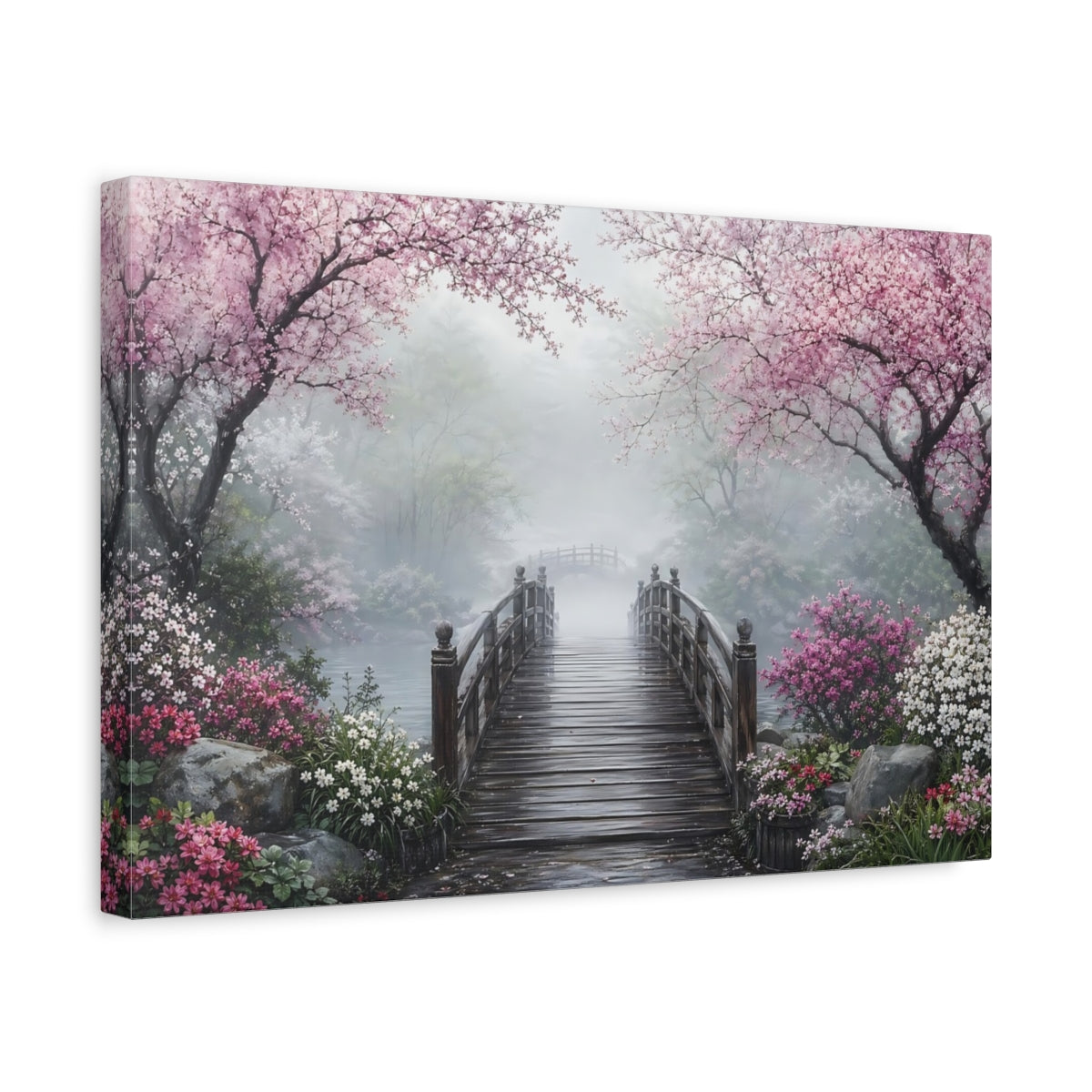 Side Mockup 4. Nature Blossom Bridge Pink And Green Landscape shown as stretched canvas wall art