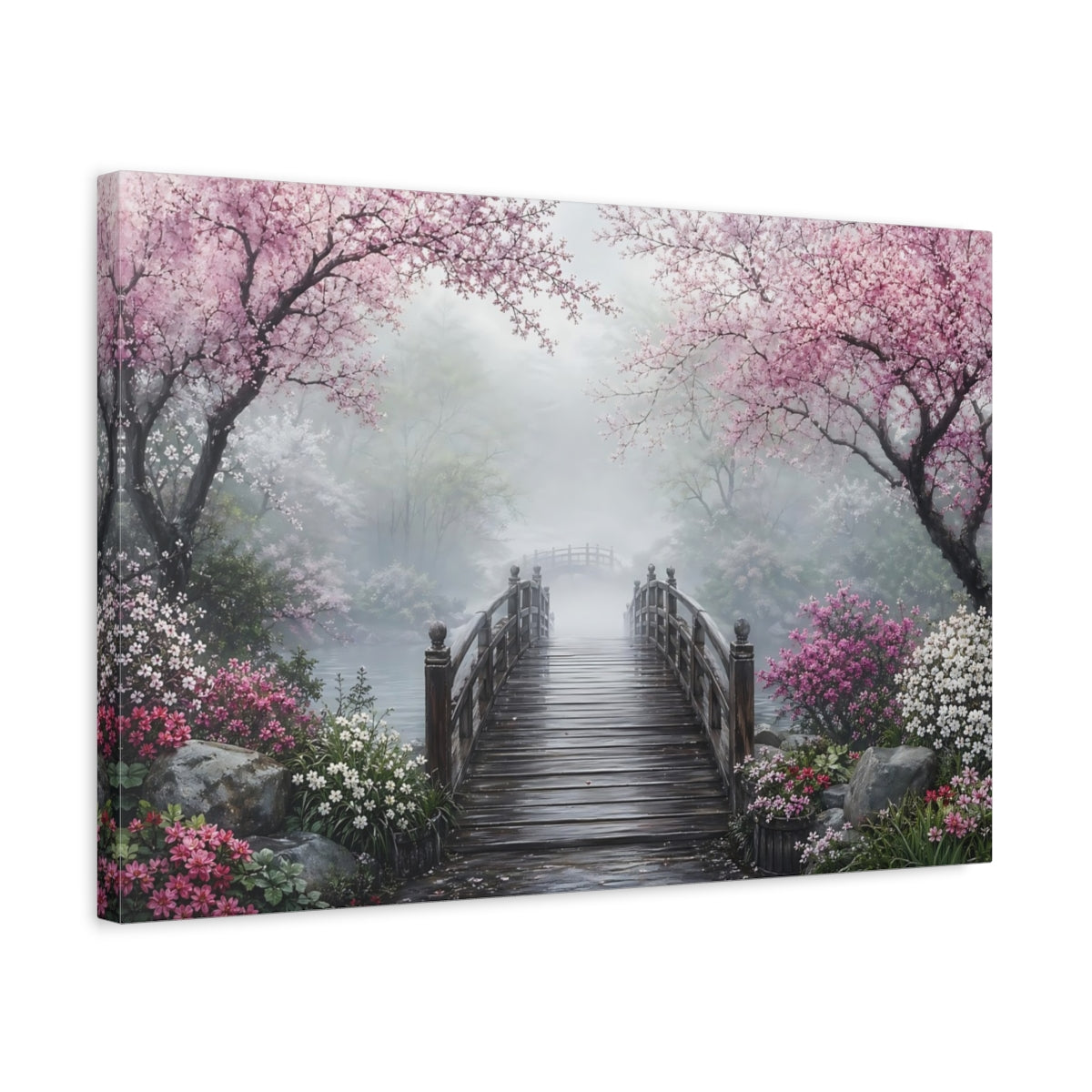 Side Mockup 3. Nature Blossom Bridge Pink And Green Landscape shown as stretched canvas wall art