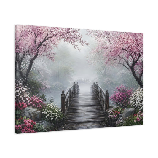Main Mockup. Nature Blossom Bridge Pink And Green Landscape shown as stretched canvas wall art