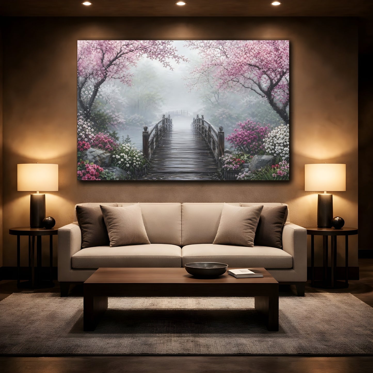 Mockup 2. Nature Blossom Bridge Pink And Green Landscape shown as stretched canvas wall art