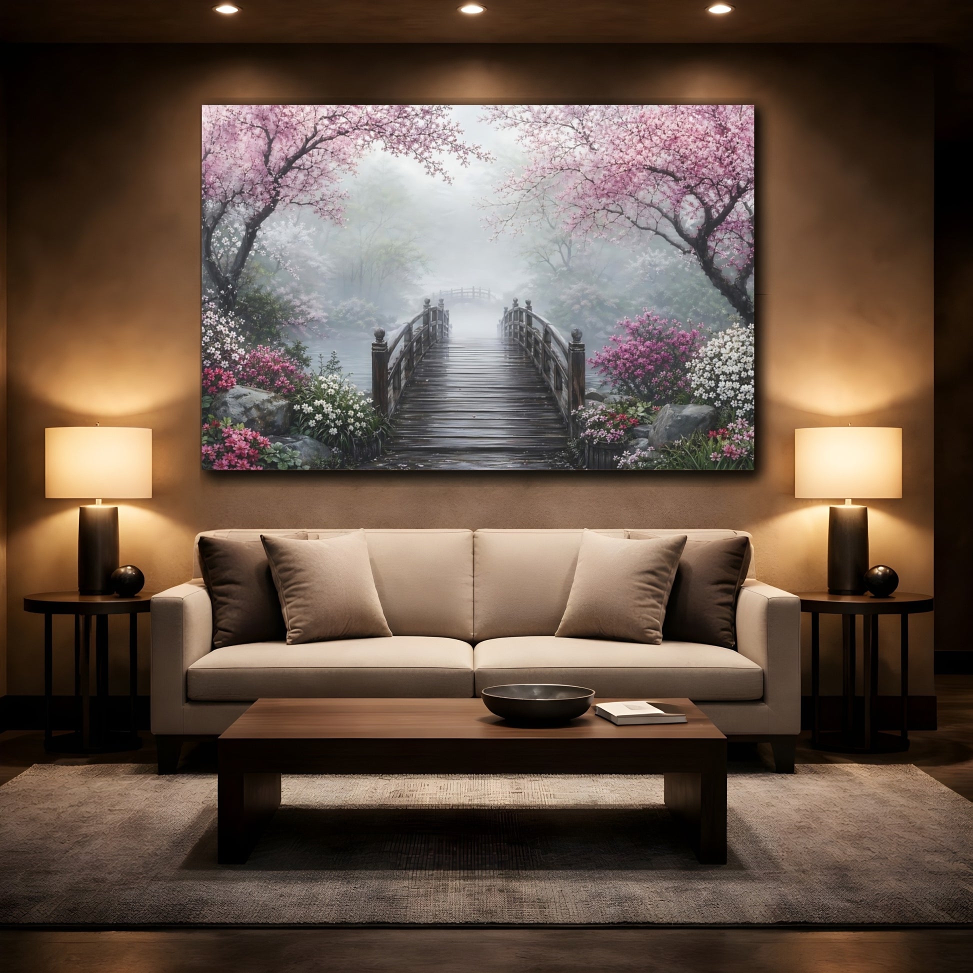 Mockup 2. Nature Blossom Bridge Pink And Green Landscape shown as stretched canvas wall art