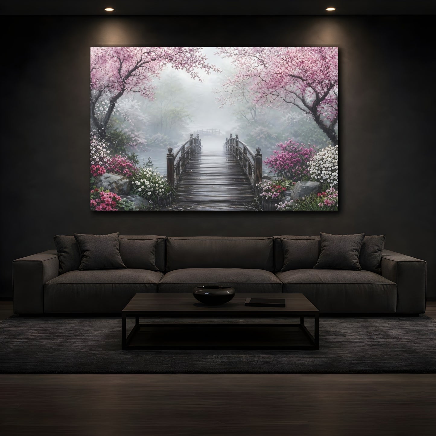 Mockup 3. Nature Blossom Bridge Pink And Green Landscape shown as stretched canvas wall art