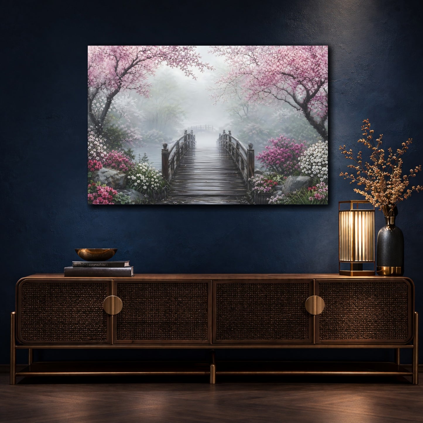 Mockup 4. Nature Blossom Bridge Pink And Green Landscape shown as stretched canvas wall art