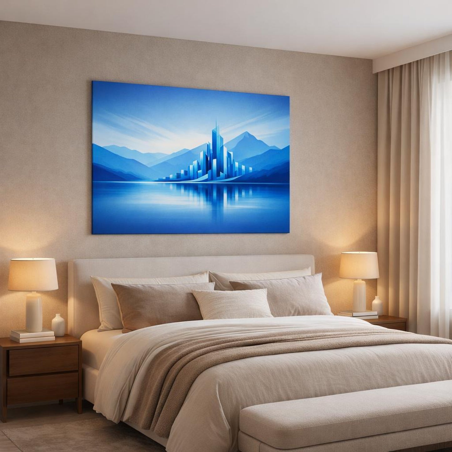 Nature Blue Abstract Skyline shown as canvas wall art in a luxury bedroom
