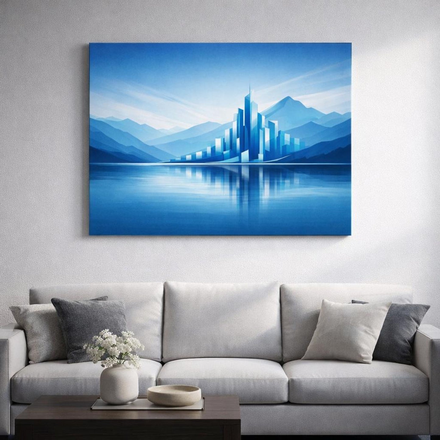 Nature Blue Abstract Skyline shown as canvas wall art in a luxury executive office
