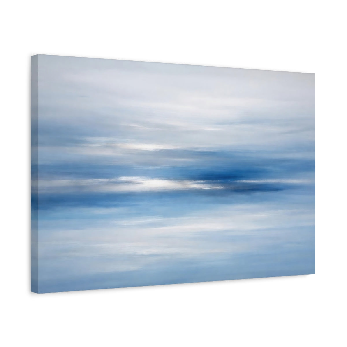 Side Mockup 3. Nature Blue Horizon Blue And White shown as stretched canvas wall art