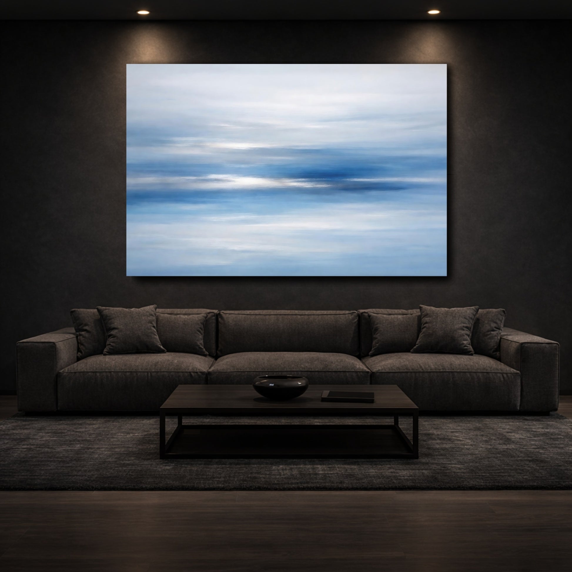 Mockup 2. Nature Blue Horizon Blue And White shown as stretched canvas wall art