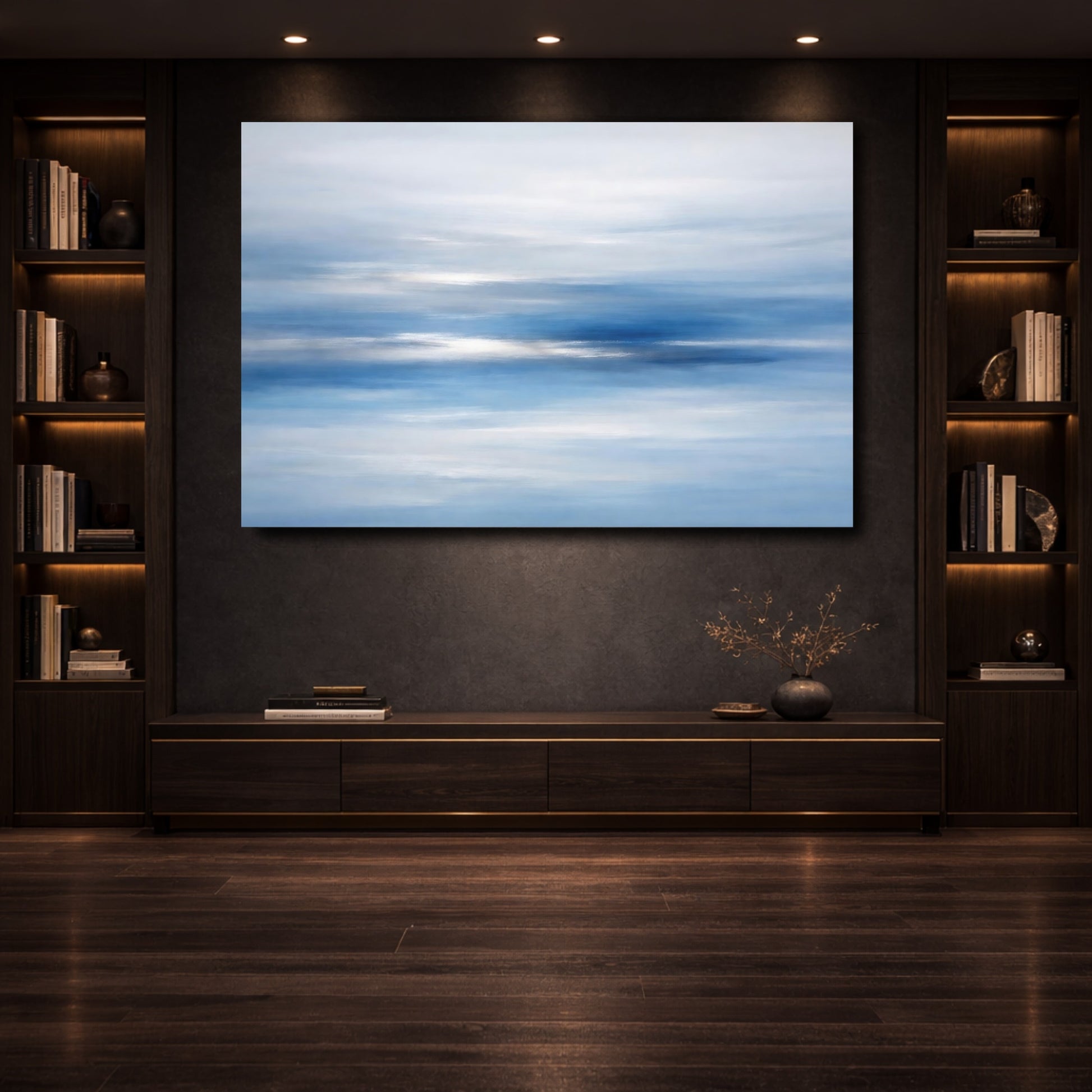 Mockup 3. Nature Blue Horizon Blue And White shown as stretched canvas wall art