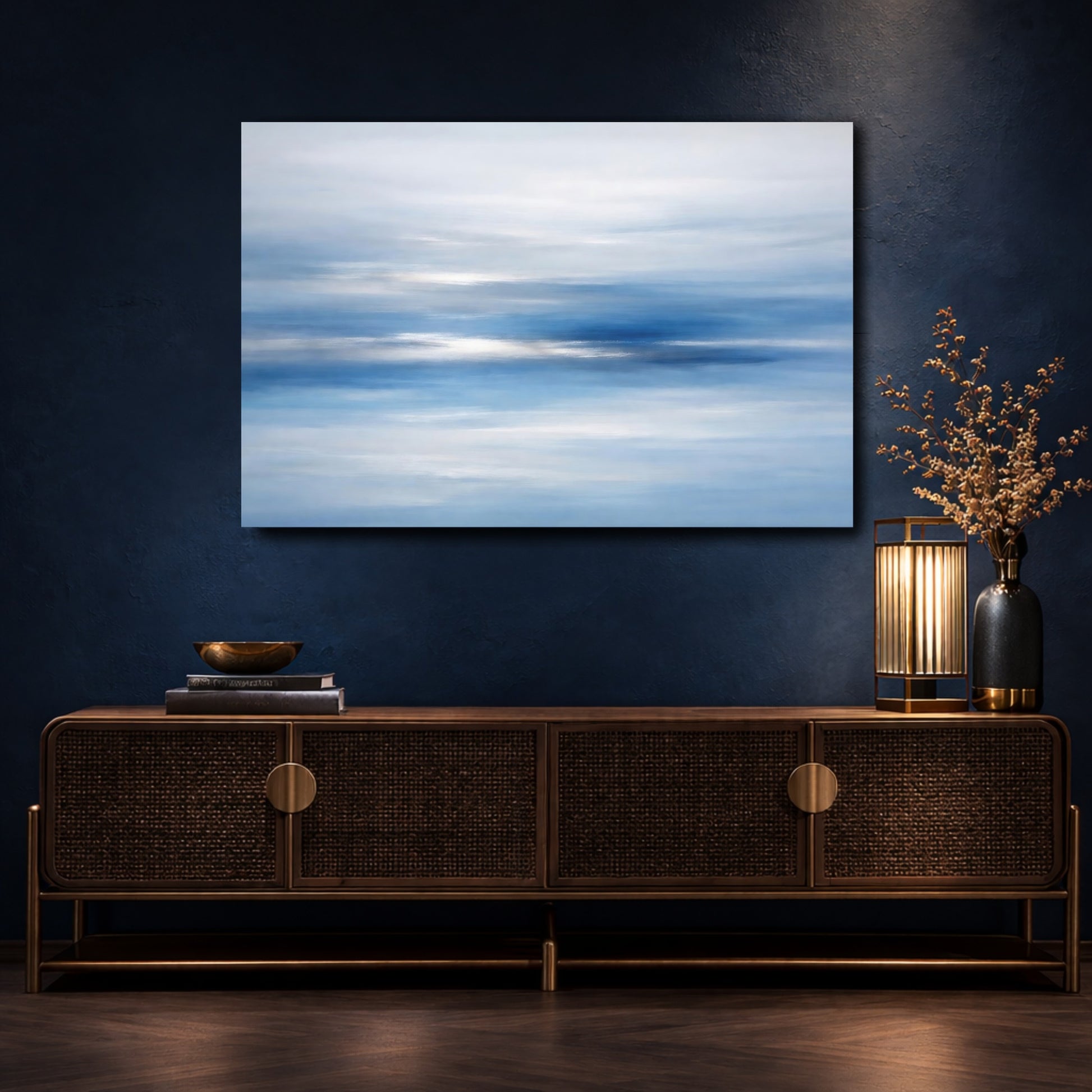 Mockup 4. Nature Blue Horizon Blue And White shown as stretched canvas wall art