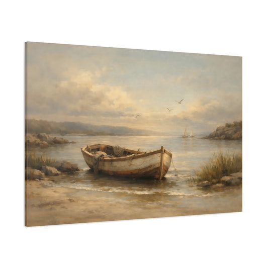 Main Mockup. Nature Boat Coastal Landscape shown as stretched canvas wall art