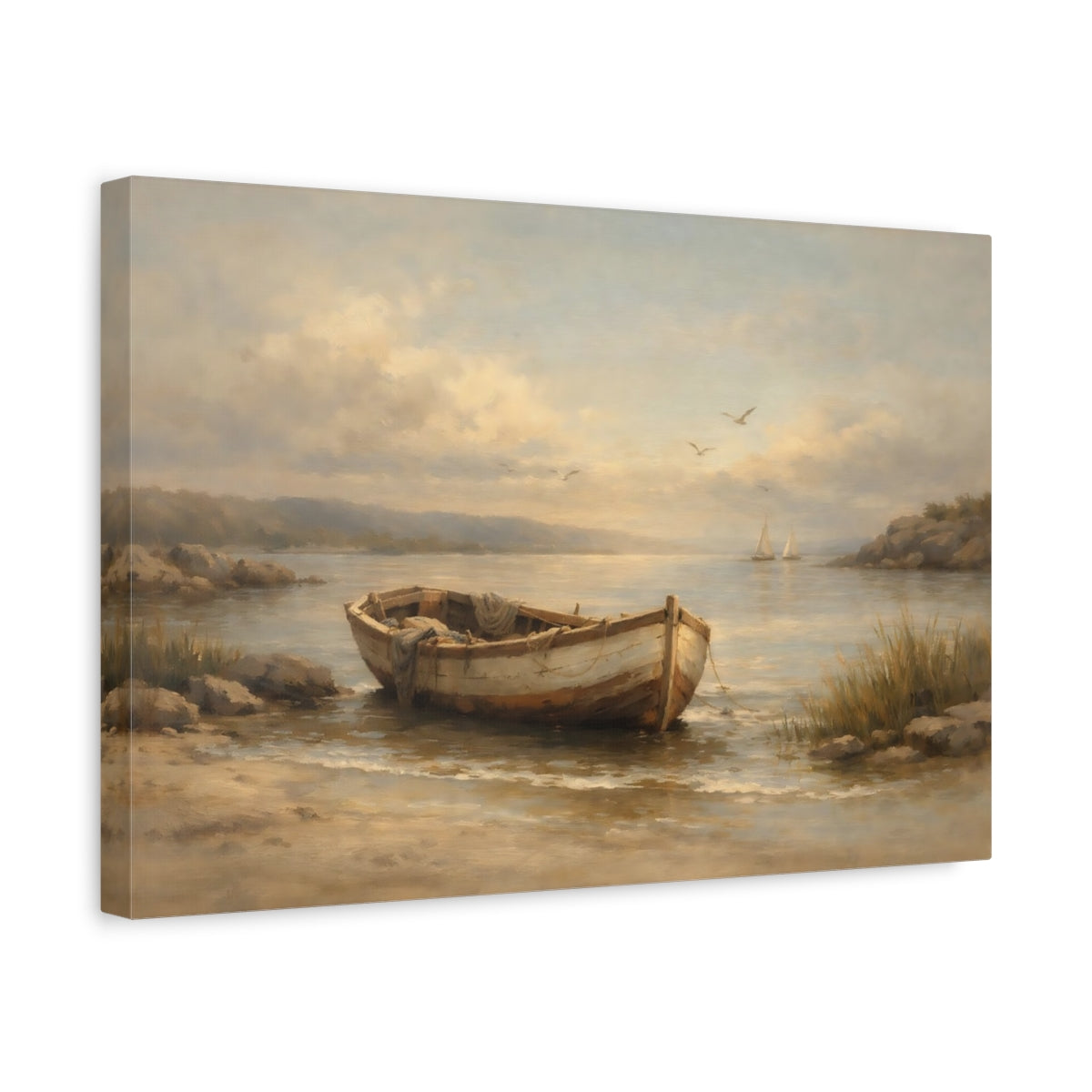 Side Mockup 4. Nature Boat Coastal Landscape shown as stretched canvas wall art