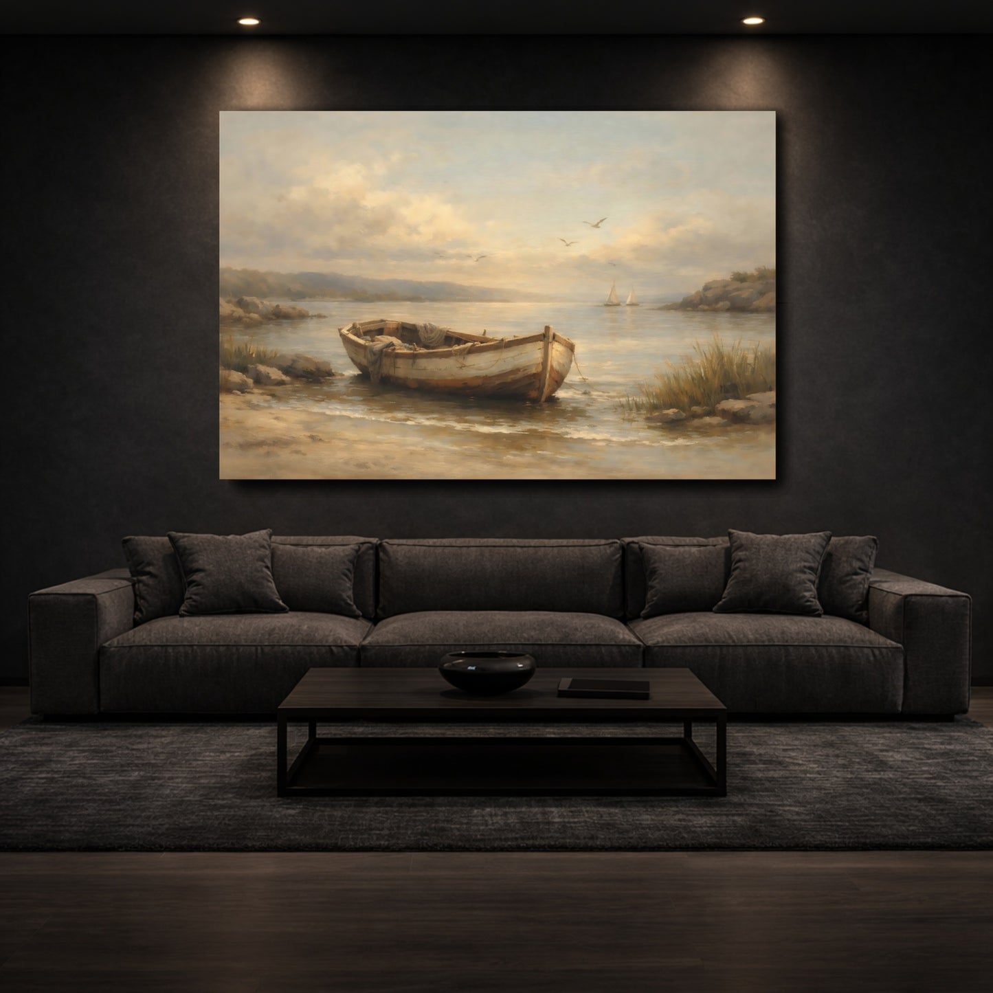 Mockup 2. Nature Boat Coastal Landscape shown as stretched canvas wall art