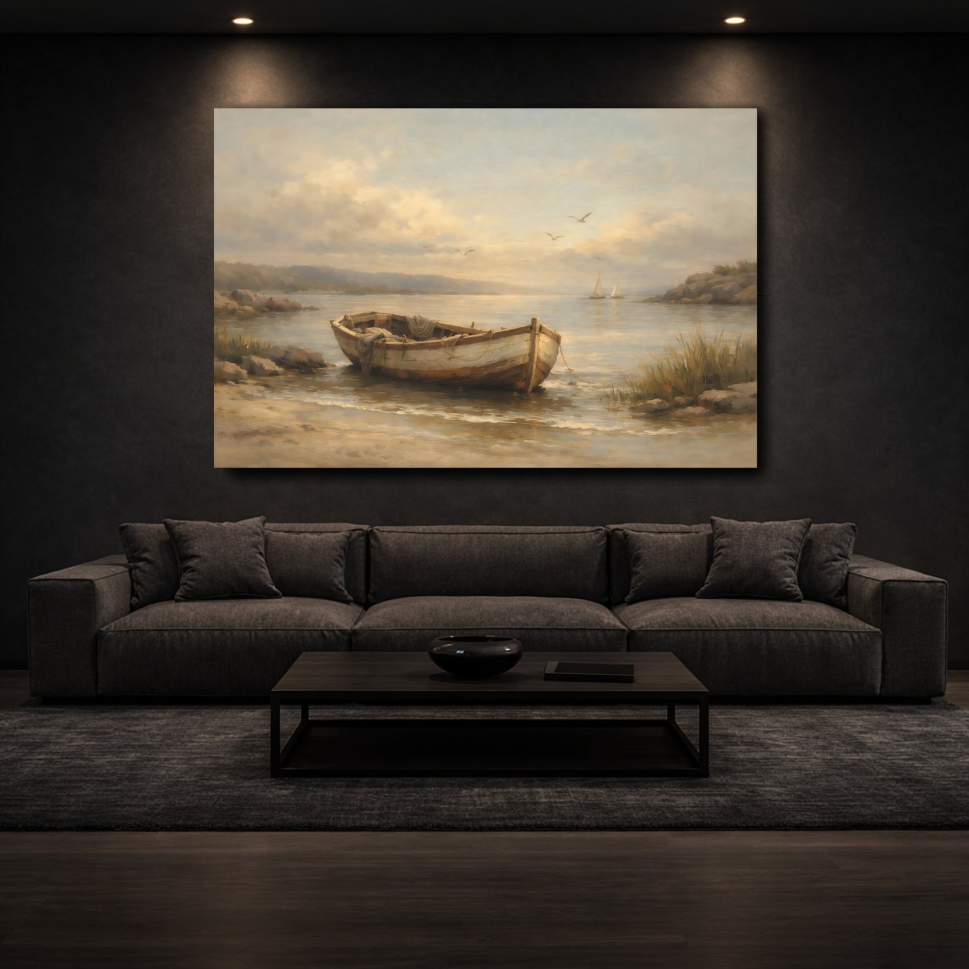 Mockup 2. Nature Boat Coastal Landscape shown as stretched canvas wall art