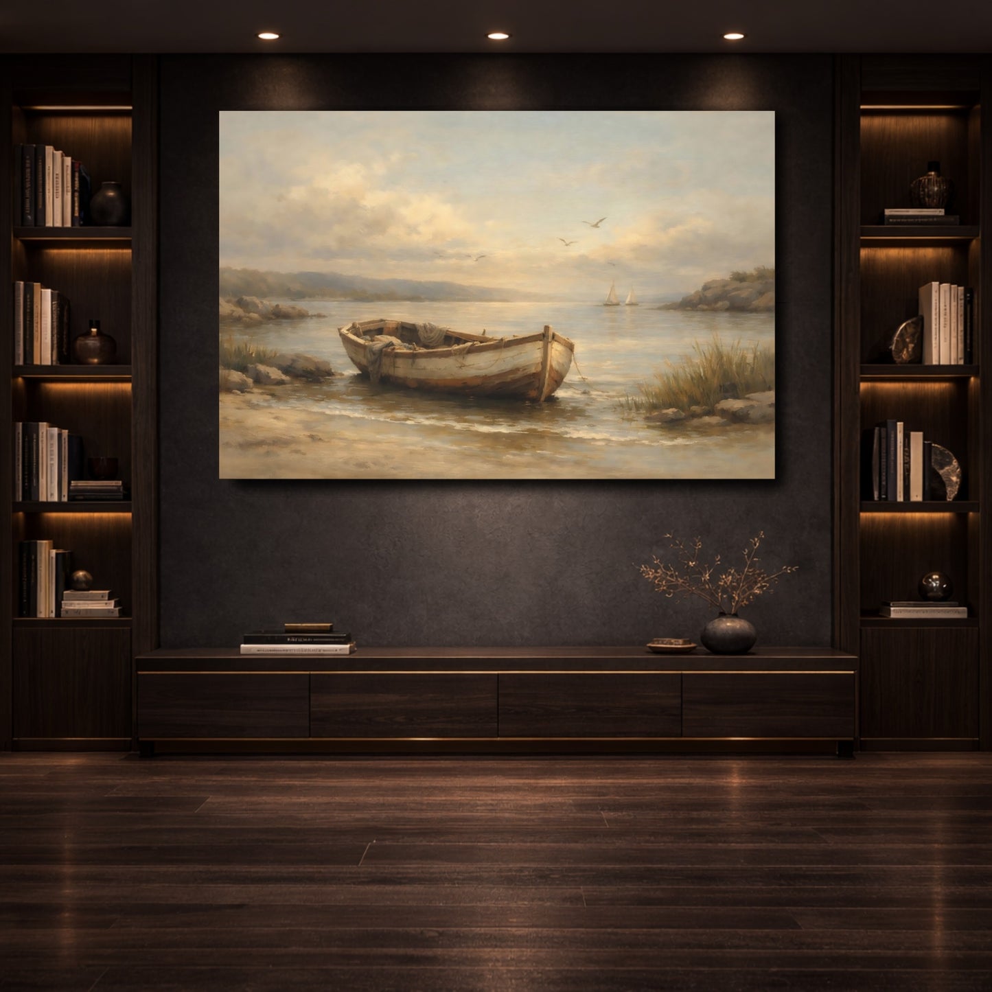 Mockup 3. Nature Boat Coastal Landscape shown as stretched canvas wall art