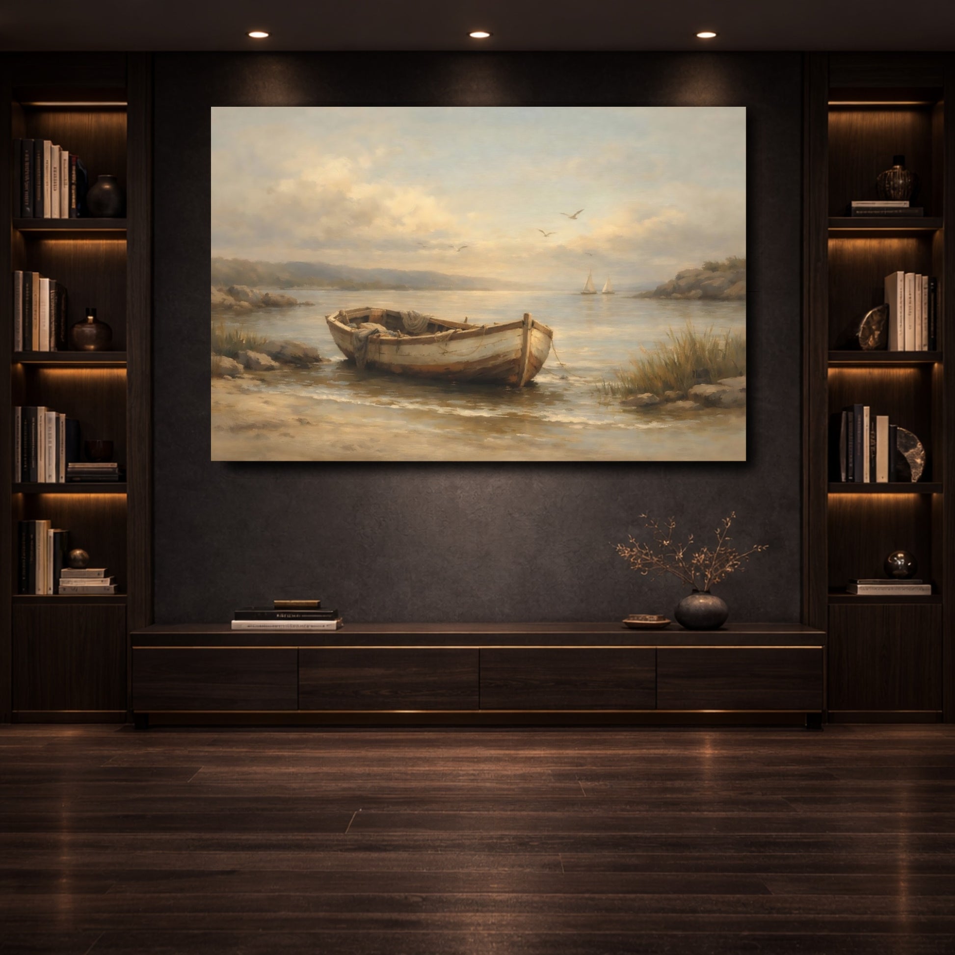 Mockup 3. Nature Boat Coastal Landscape shown as stretched canvas wall art
