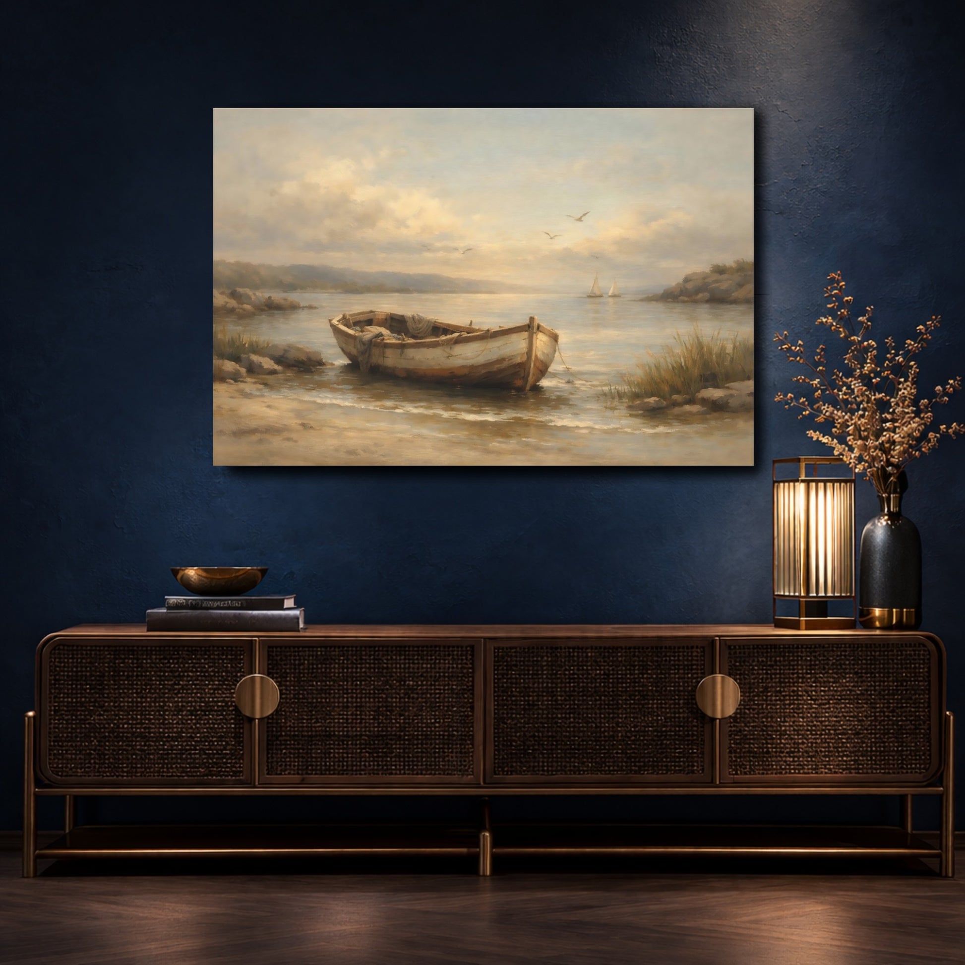 Mockup 4. Nature Boat Coastal Landscape shown as stretched canvas wall art