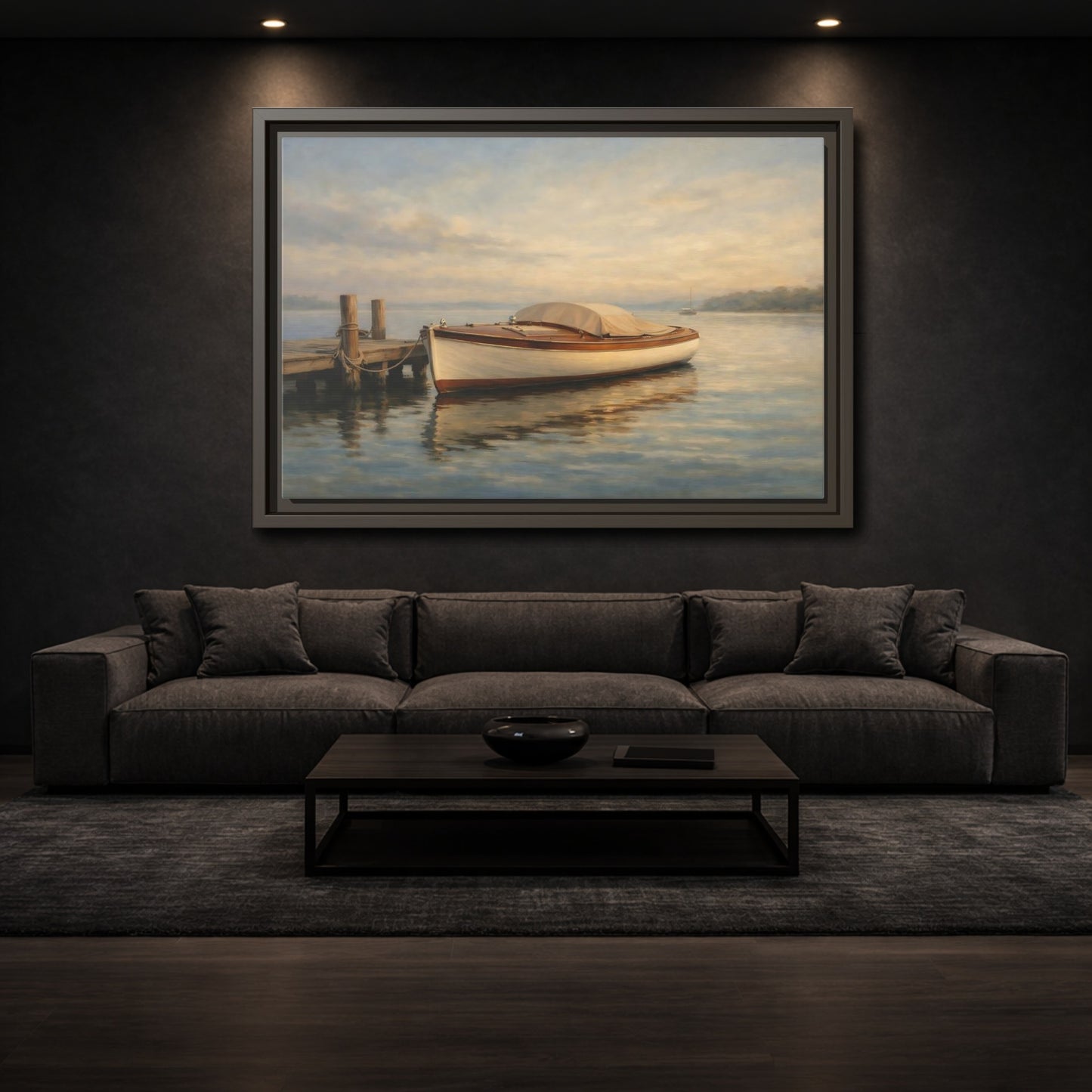 Mockup 2. Nature Boat Golden Coastal shown as stretched canvas wall art