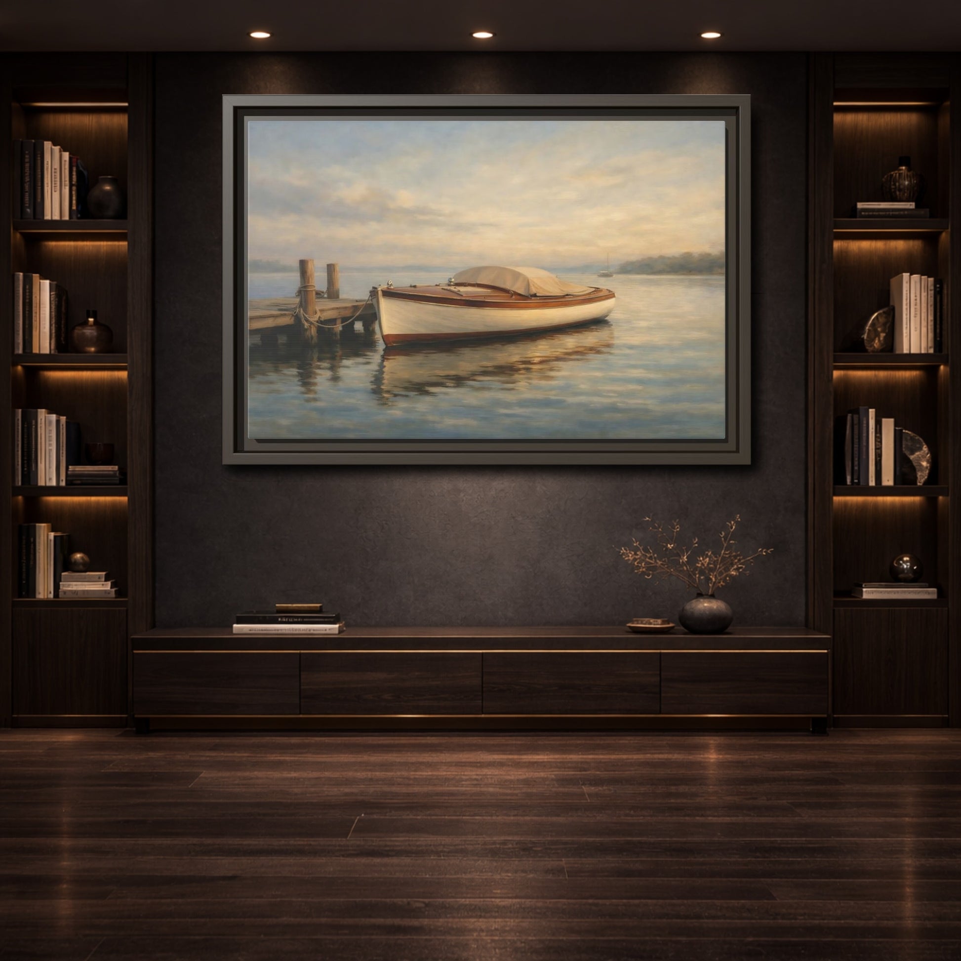 Mockup 3. Nature Boat Golden Coastal shown as stretched canvas wall art