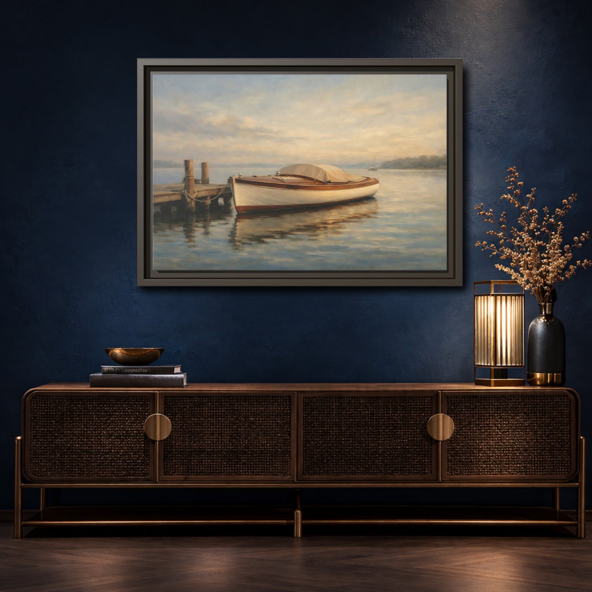 Mockup 4. Nature Boat Golden Coastal shown as stretched canvas wall art
