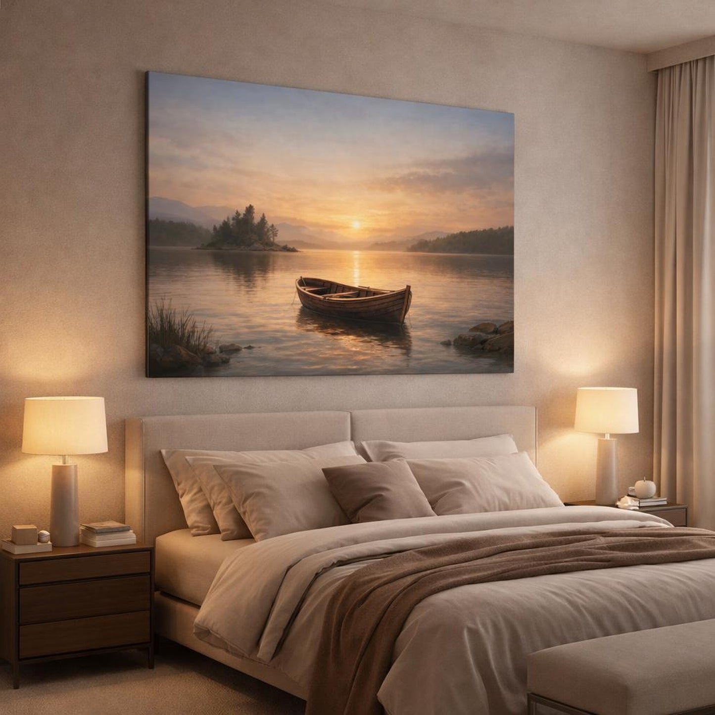 Nature Boat Horizon shown as canvas wall art in a luxury bedroom