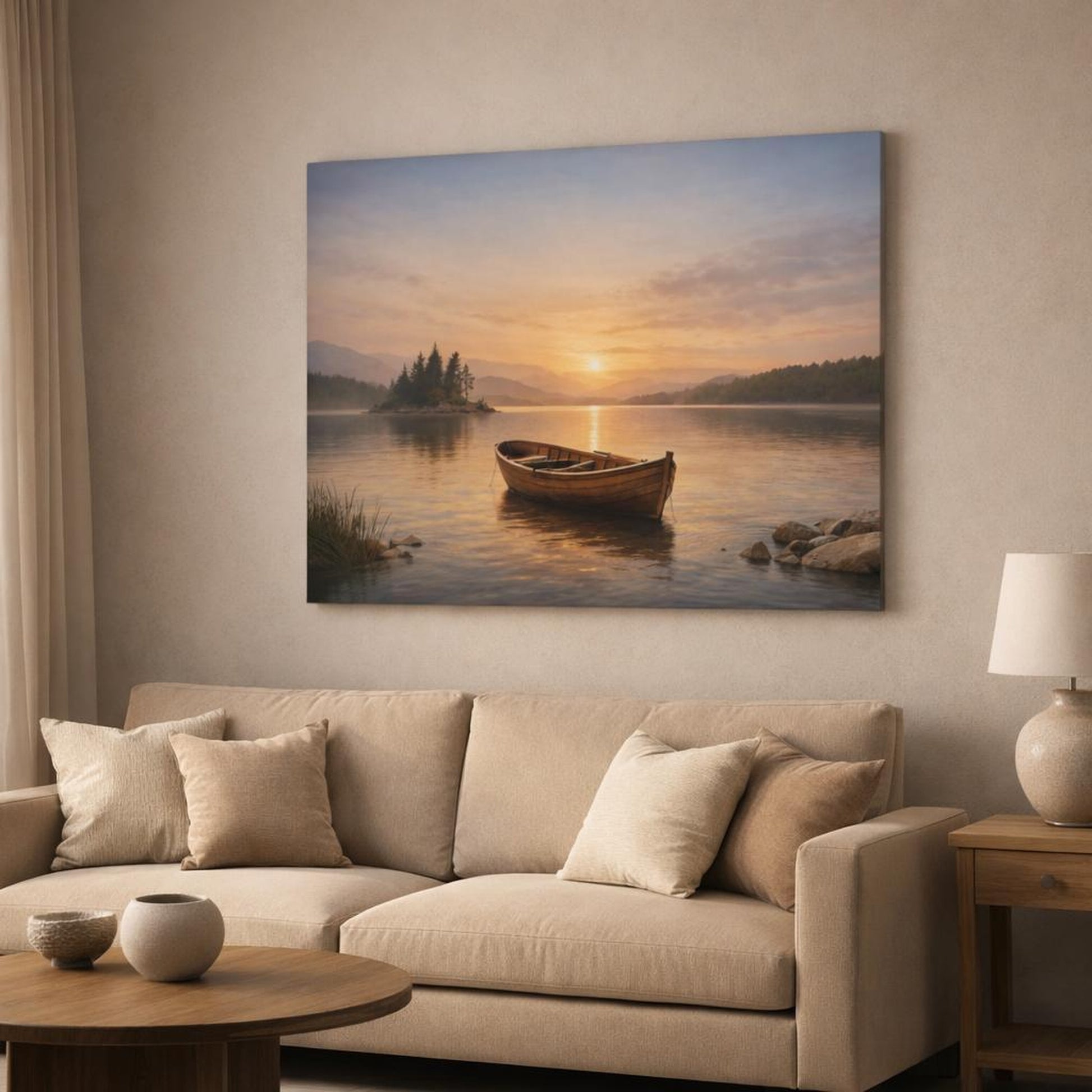 Nature Boat Horizon shown as canvas wall art in a modern living room